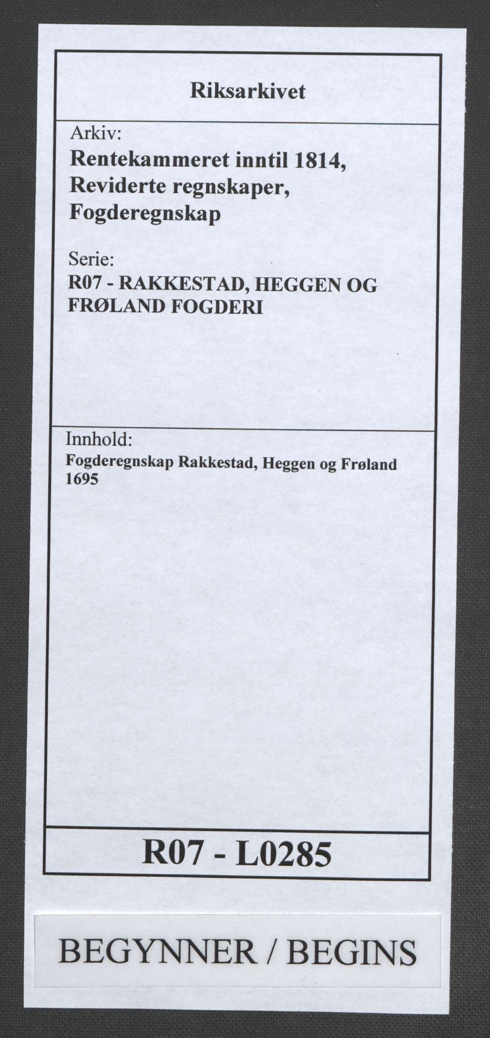 Rentekammeret inntil 1814, Reviderte regnskaper, Fogderegnskap, RA/EA-4092/R07/L0285: Fogderegnskap Rakkestad, Heggen og Frøland, 1695, p. 1
