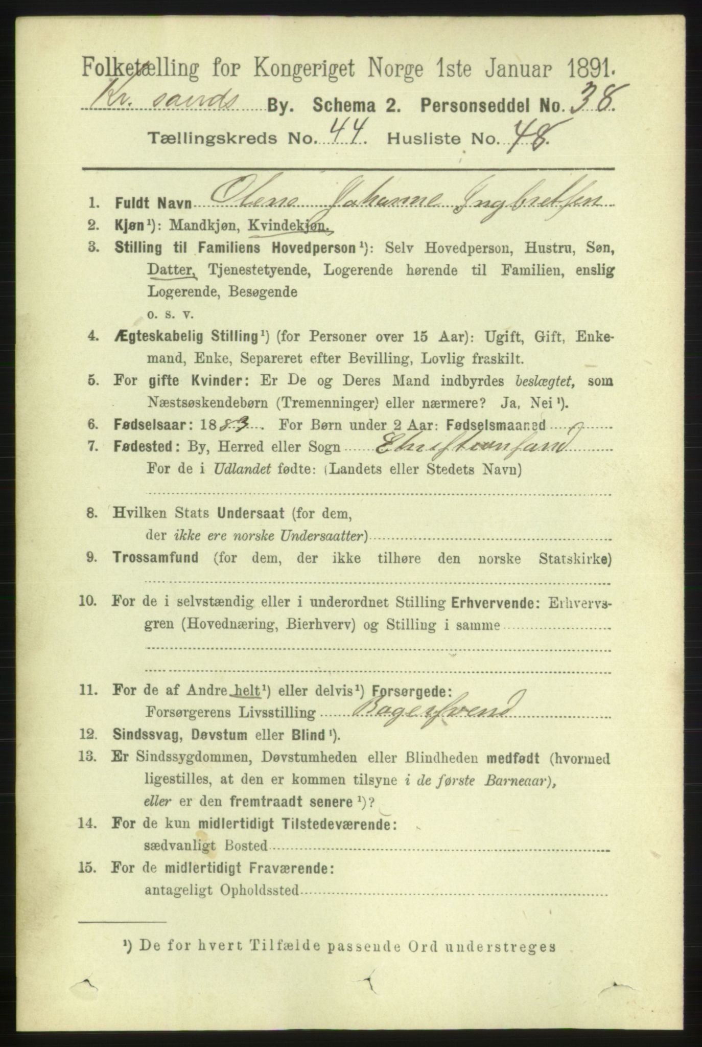 RA, 1891 census for 1001 Kristiansand, 1891, p. 13892