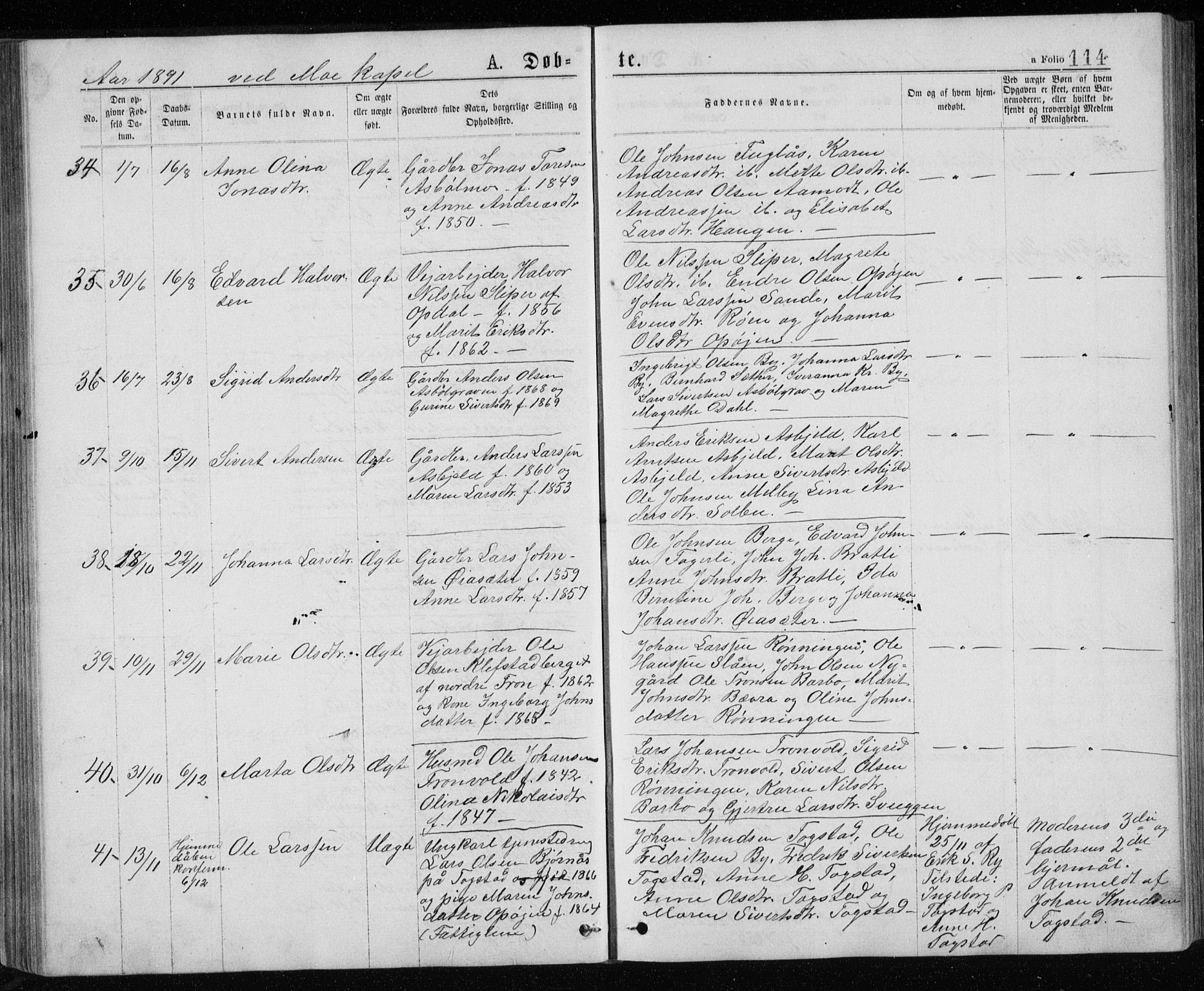 Ministerialprotokoller, klokkerbøker og fødselsregistre - Sør-Trøndelag, SAT/A-1456/671/L0843: Parish register (copy) no. 671C02, 1873-1892, p. 114