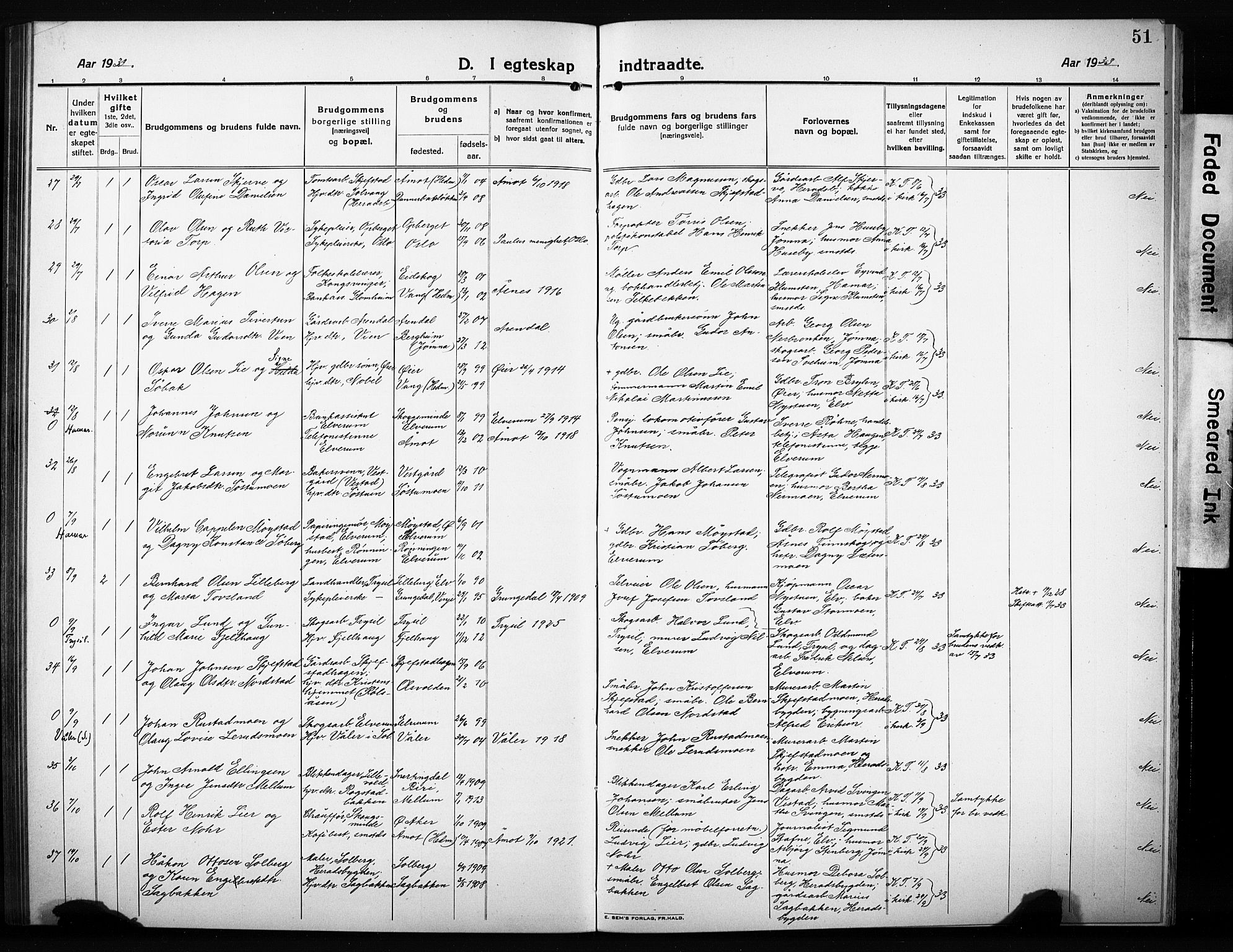 Elverum prestekontor, AV/SAH-PREST-044/H/Ha/Hab/L0014: Parish register (copy) no. 14, 1922-1933, p. 51