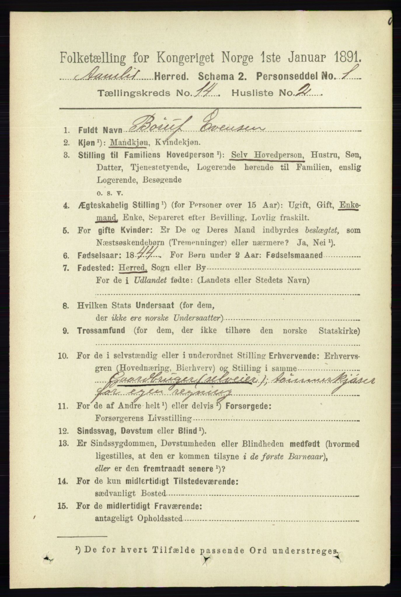 RA, 1891 census for 0929 Åmli, 1891, p. 2274