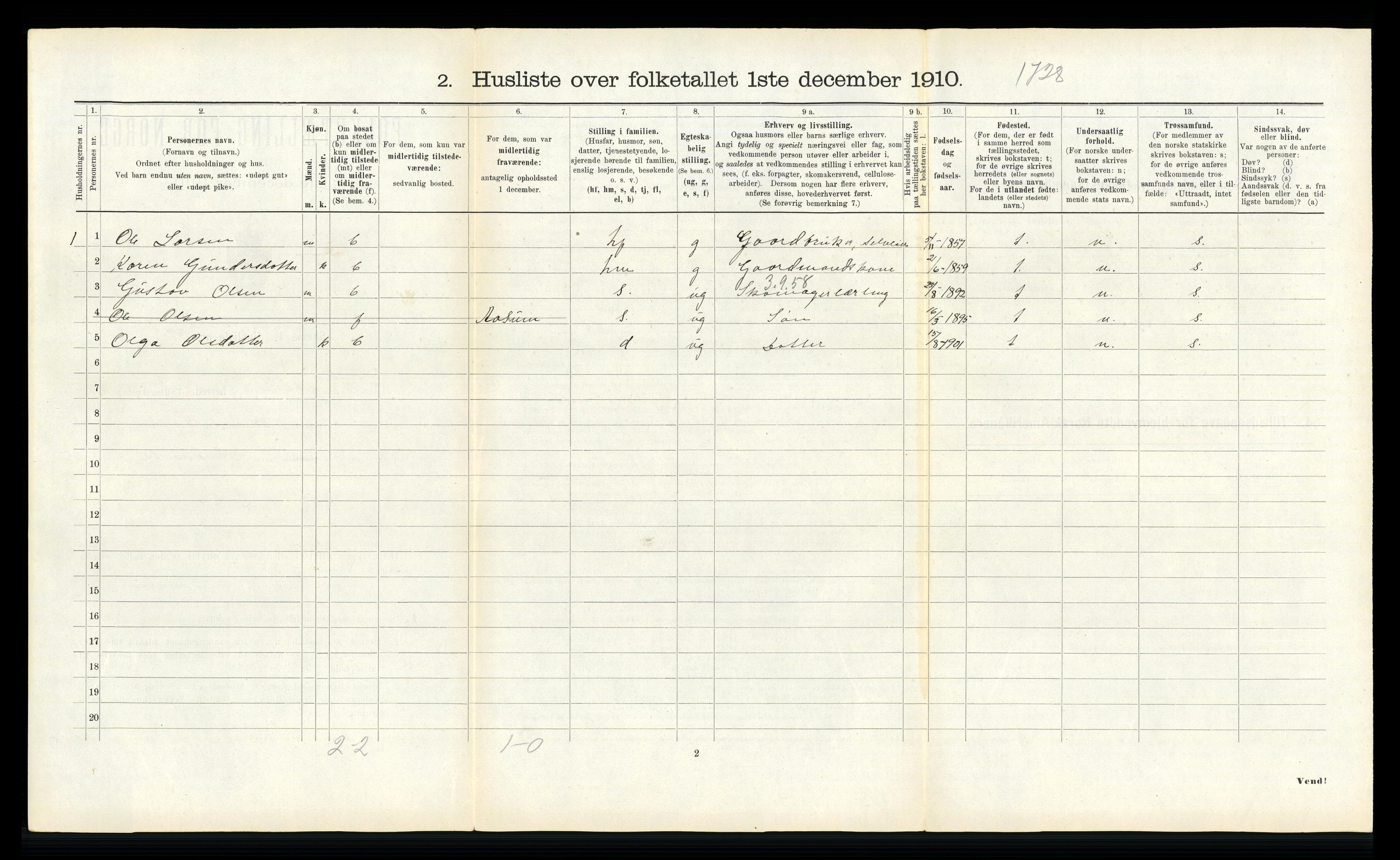 RA, 1910 census for Snåsa, 1910, p. 725