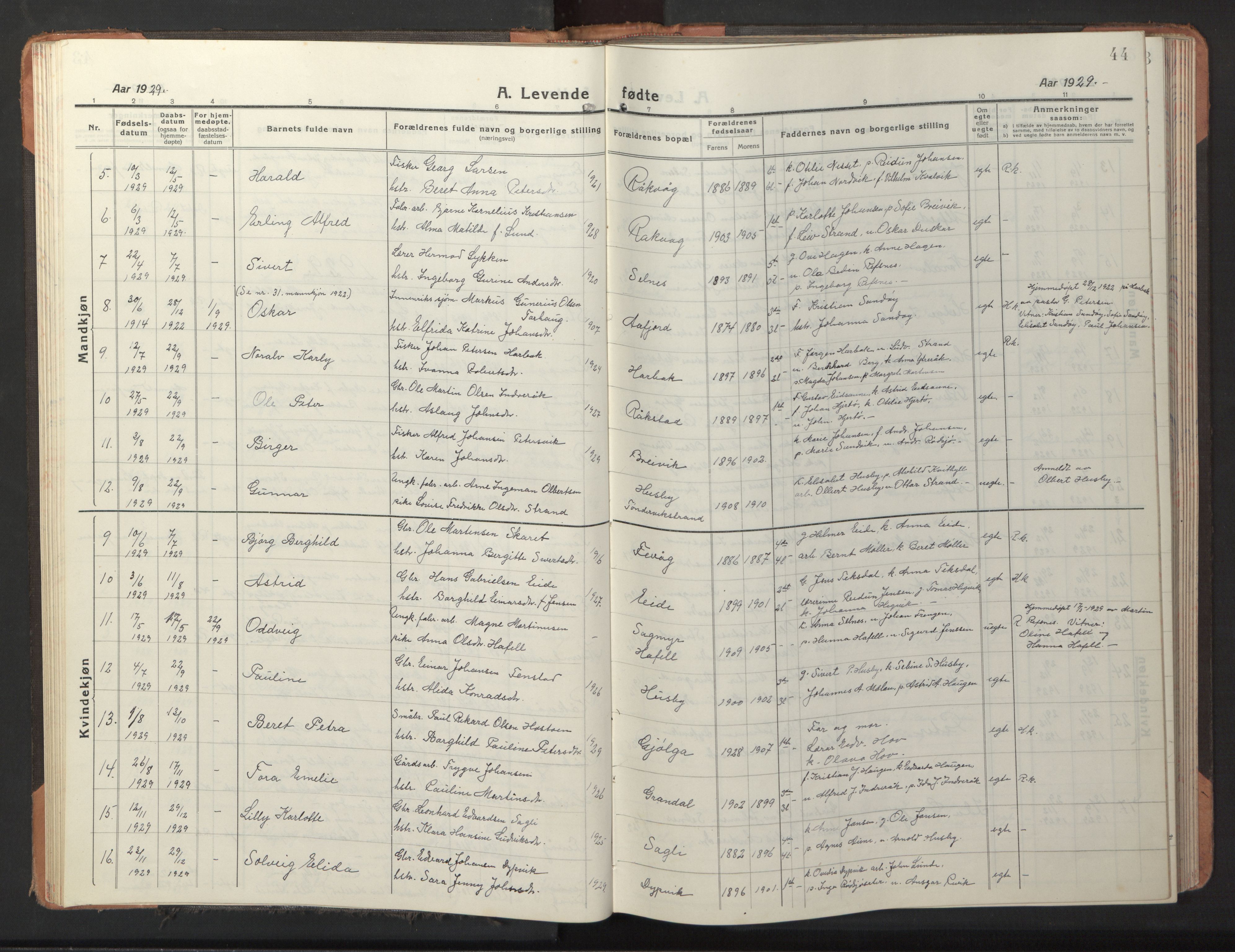 Ministerialprotokoller, klokkerbøker og fødselsregistre - Sør-Trøndelag, SAT/A-1456/653/L0658: Parish register (copy) no. 653C02, 1919-1947, p. 44