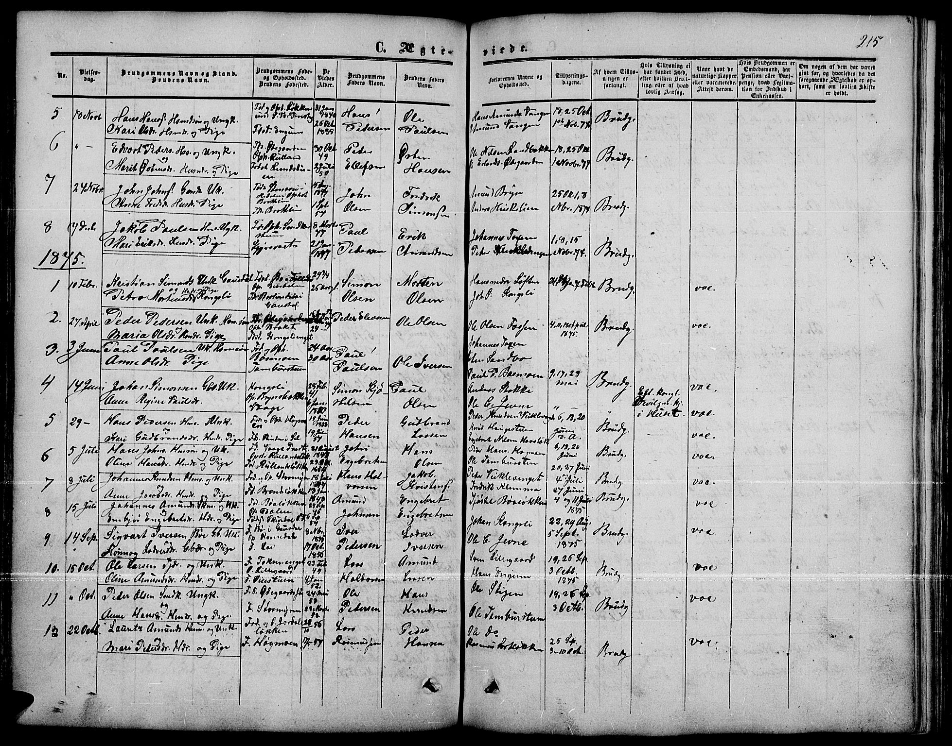 Nord-Fron prestekontor, SAH/PREST-080/H/Ha/Hab/L0001: Parish register (copy) no. 1, 1851-1883, p. 215