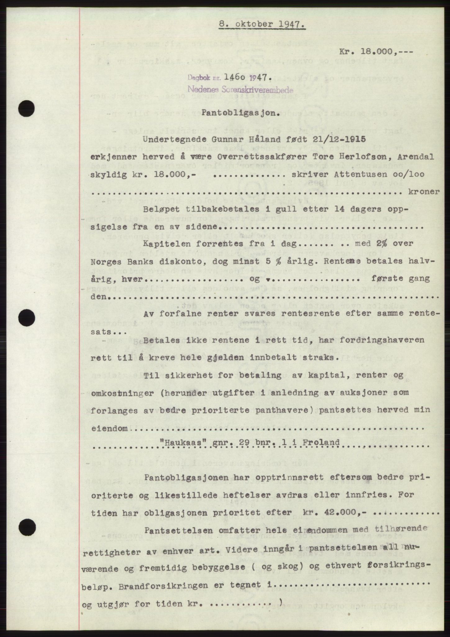 Nedenes sorenskriveri, AV/SAK-1221-0006/G/Gb/Gbb/L0004: Mortgage book no. B4, 1947-1947, Diary no: : 1460/1947