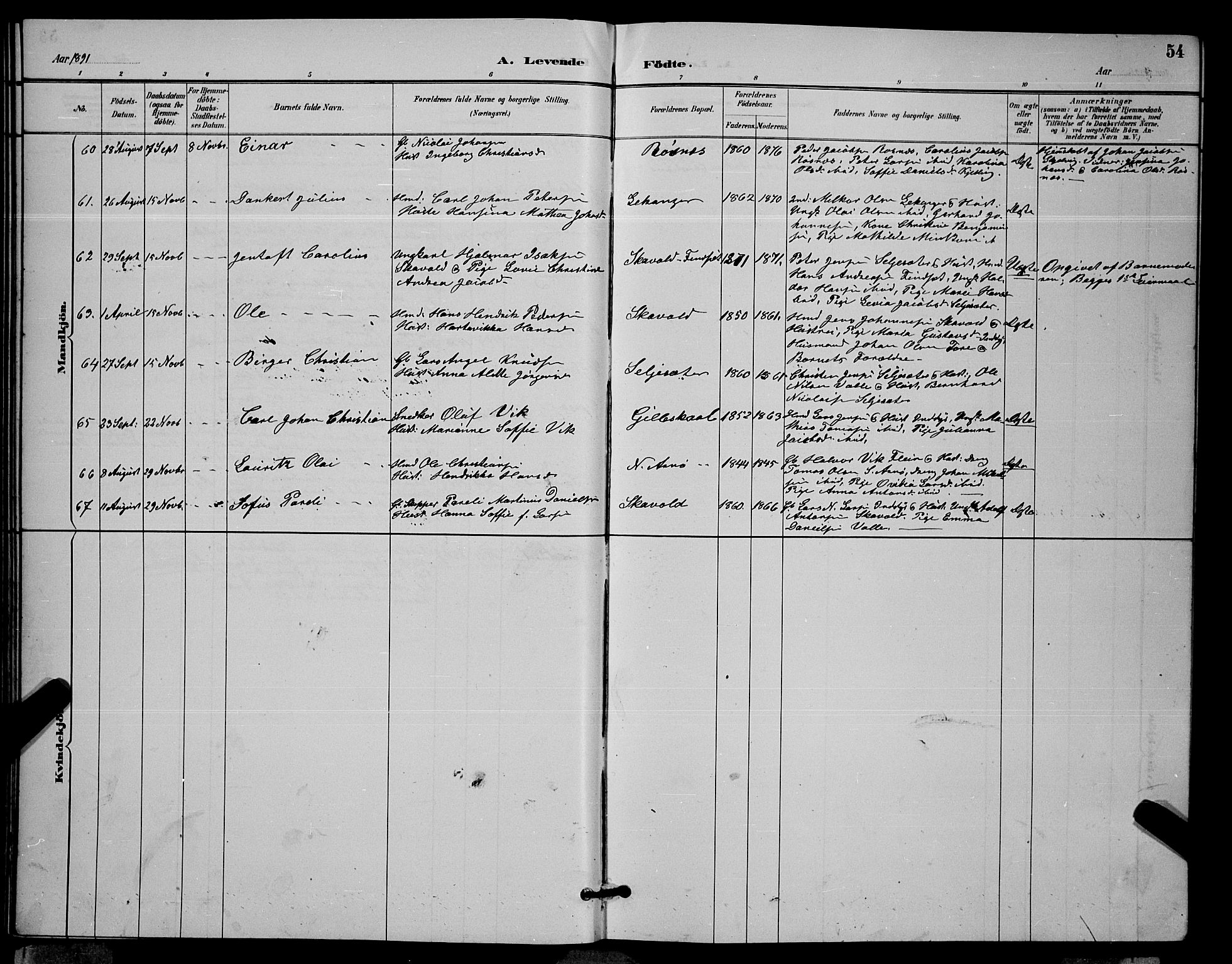 Ministerialprotokoller, klokkerbøker og fødselsregistre - Nordland, AV/SAT-A-1459/805/L0108: Parish register (copy) no. 805C04, 1885-1899, p. 54