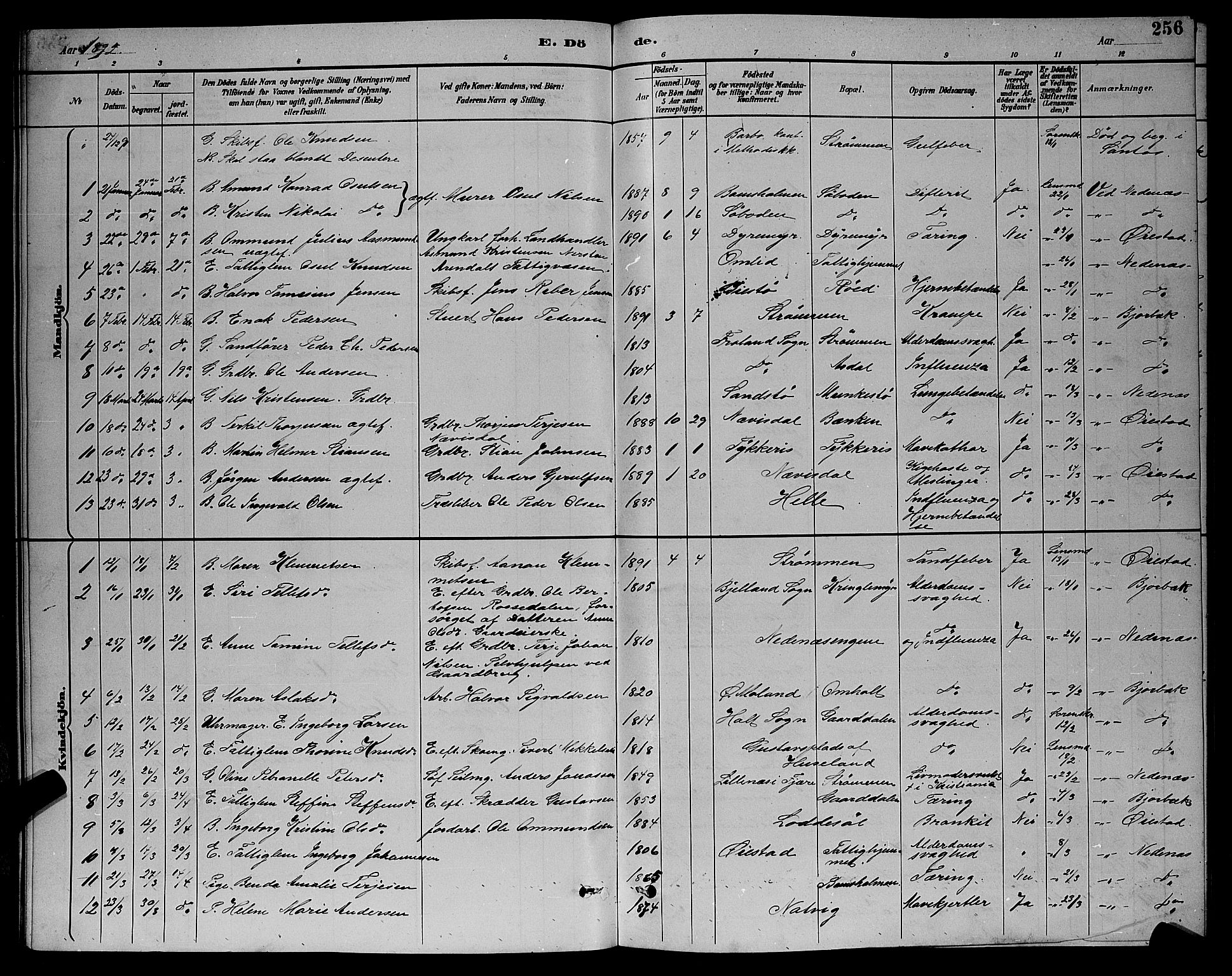 Øyestad sokneprestkontor, AV/SAK-1111-0049/F/Fb/L0009: Parish register (copy) no. B 9, 1886-1896, p. 256