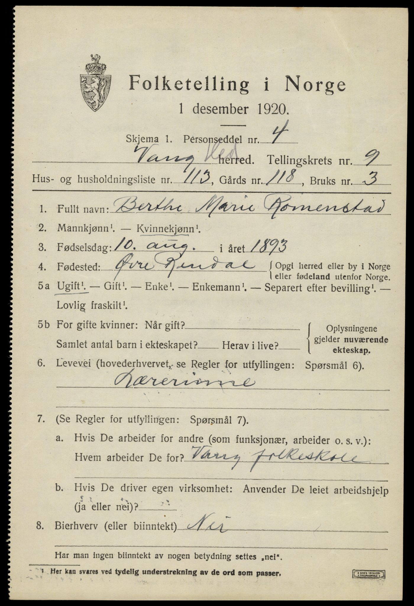 SAH, 1920 census for Vang (Hedmark), 1920, p. 19389