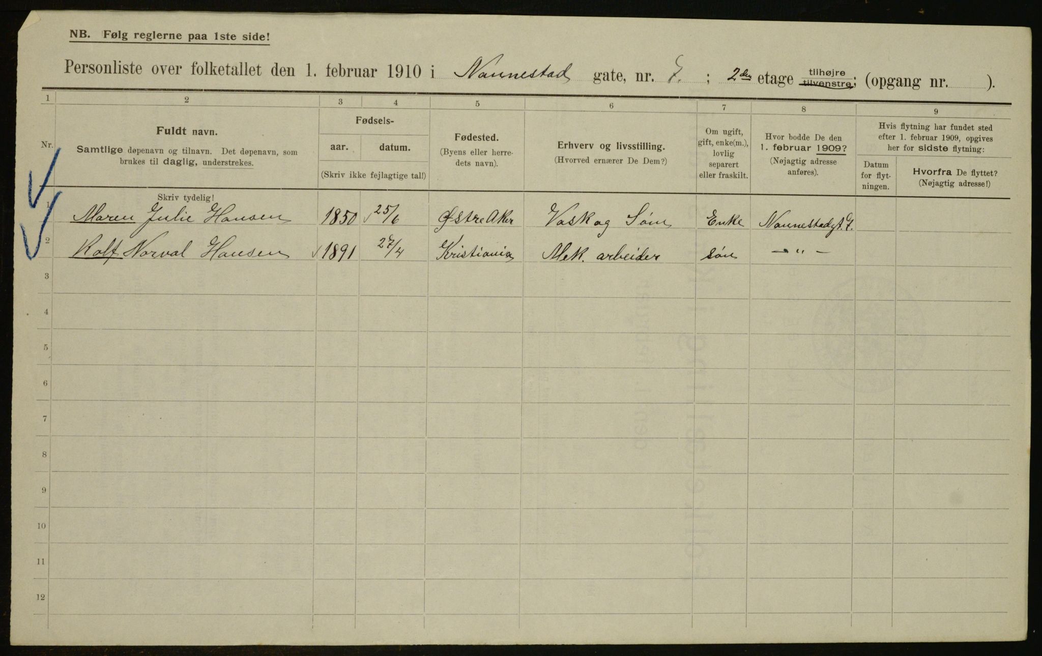 OBA, Municipal Census 1910 for Kristiania, 1910, p. 66822