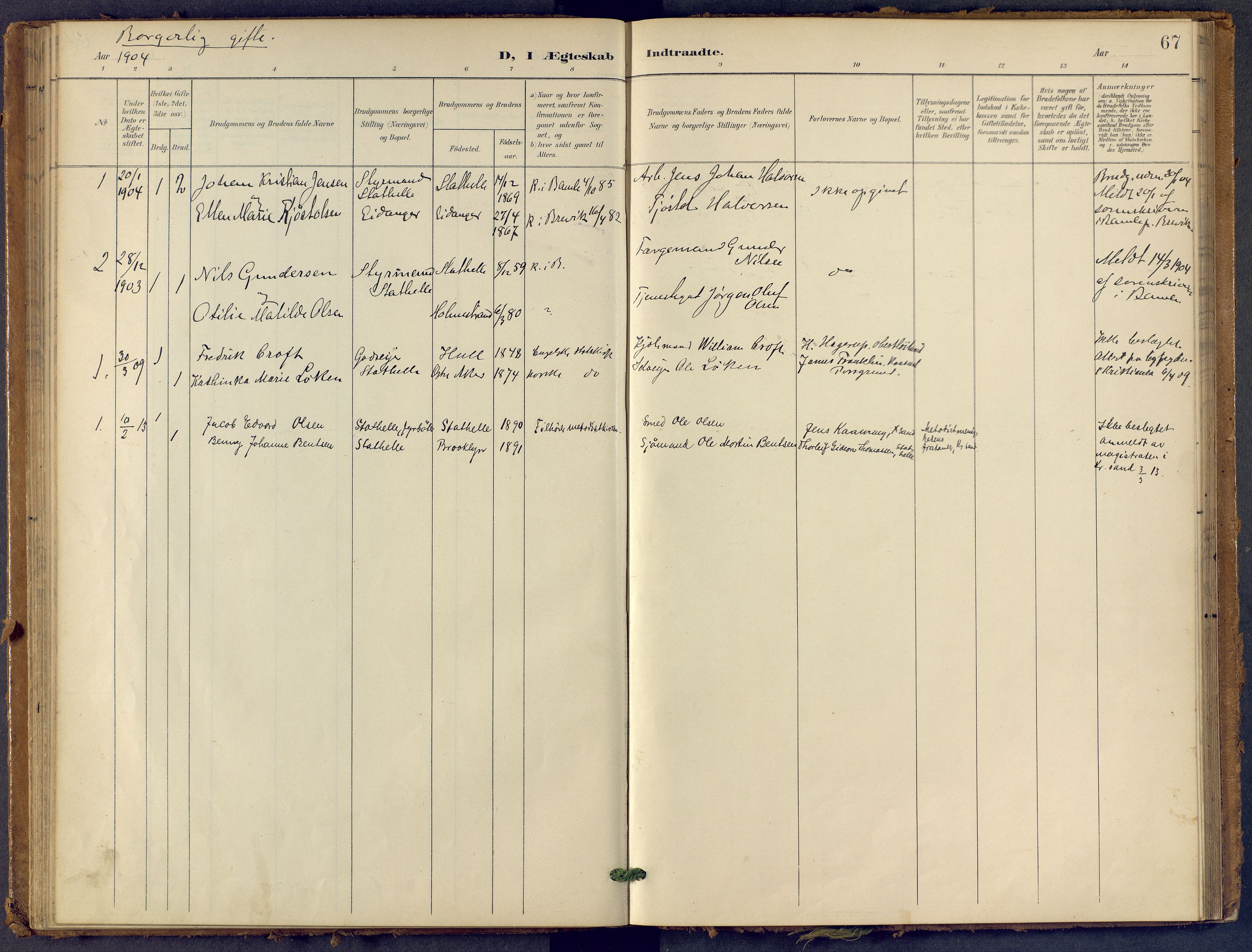 Bamble kirkebøker, SAKO/A-253/F/Fb/L0002: Parish register (official) no. II 2, 1900-1921, p. 67
