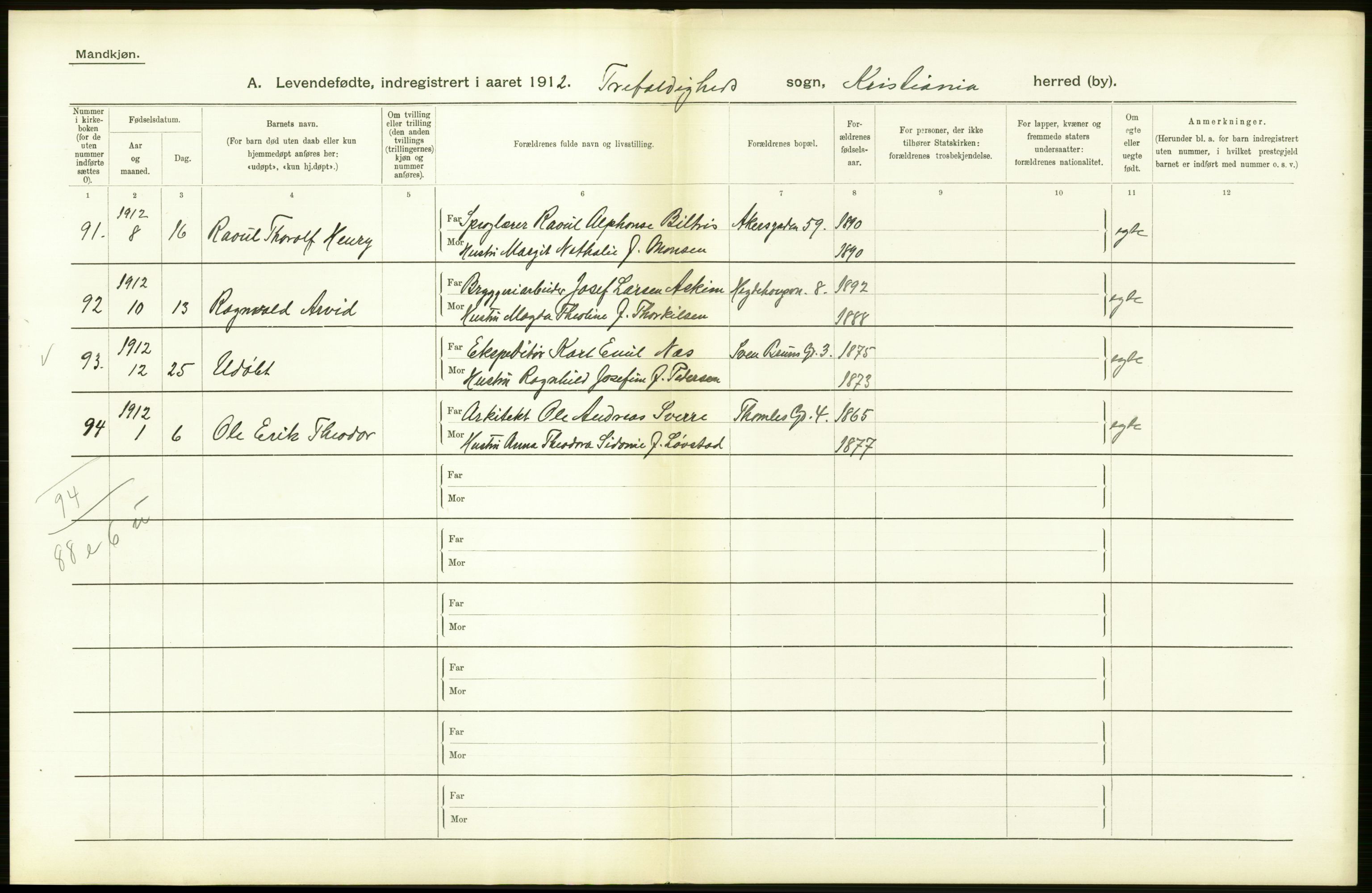 Statistisk sentralbyrå, Sosiodemografiske emner, Befolkning, AV/RA-S-2228/D/Df/Dfb/Dfbb/L0007: Kristiania:  Levendefødte menn og kvinner., 1912, p. 694