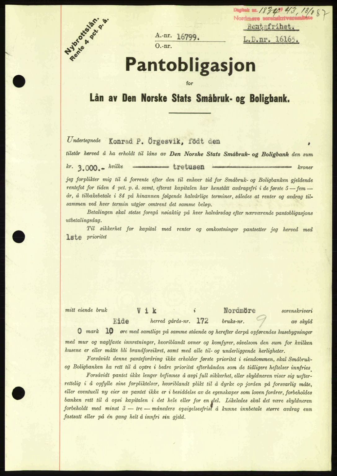 Nordmøre sorenskriveri, AV/SAT-A-4132/1/2/2Ca: Mortgage book no. B91, 1943-1944, Diary no: : 1834/1943