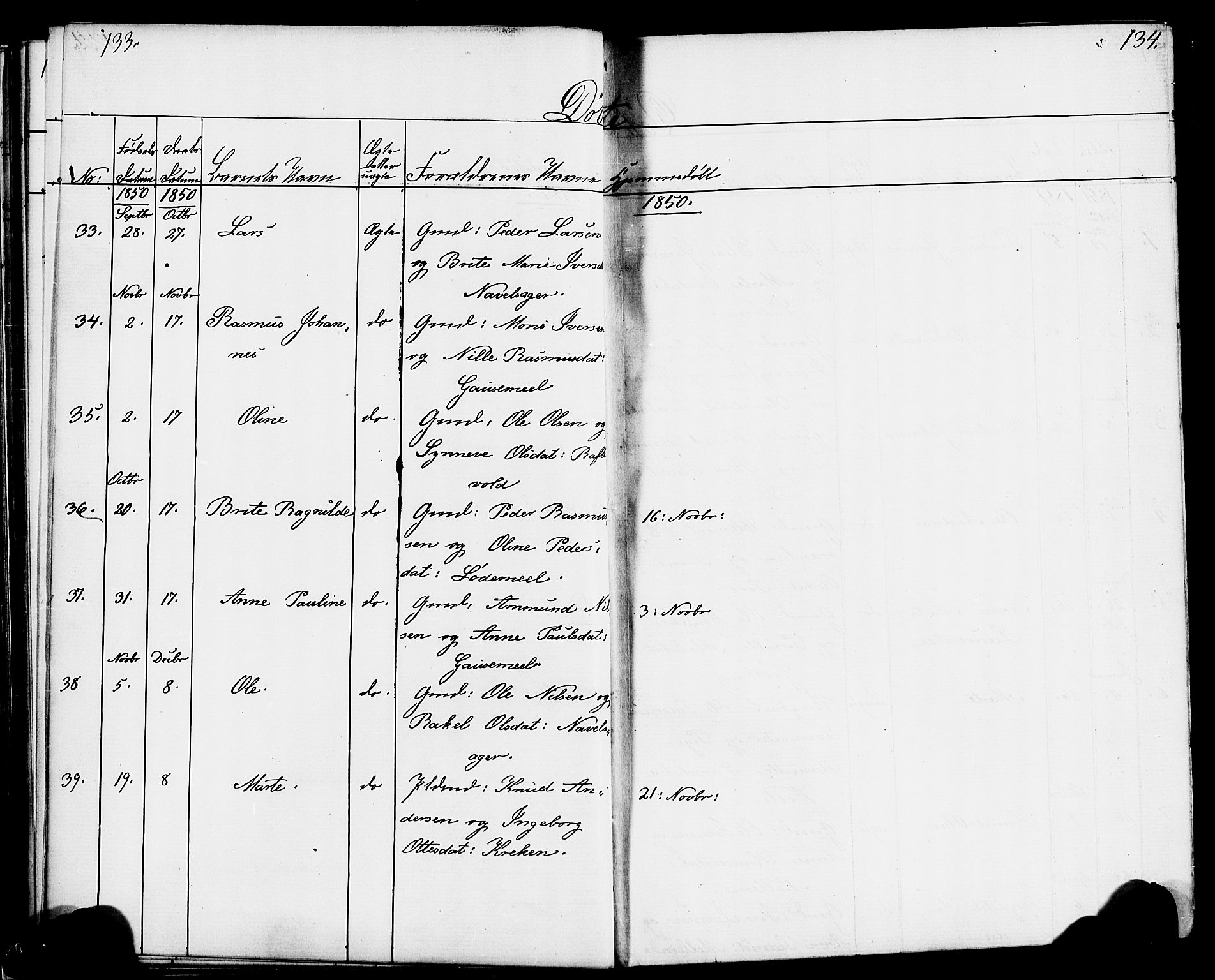 Hornindal sokneprestembete, AV/SAB-A-82401/H/Haa/Haaa/L0001: Parish register (official) no. A 1, 1837-1866, p. 134-135