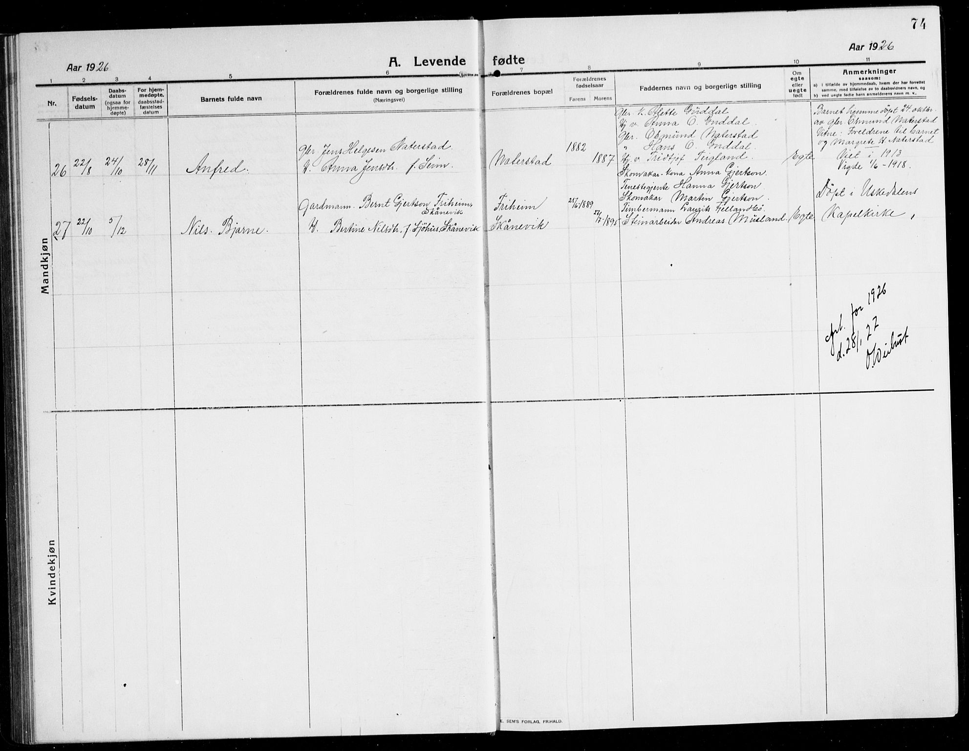 Kvinnherad sokneprestembete, AV/SAB-A-76401/H/Hab: Parish register (copy) no. A 3, 1911-1945, p. 74