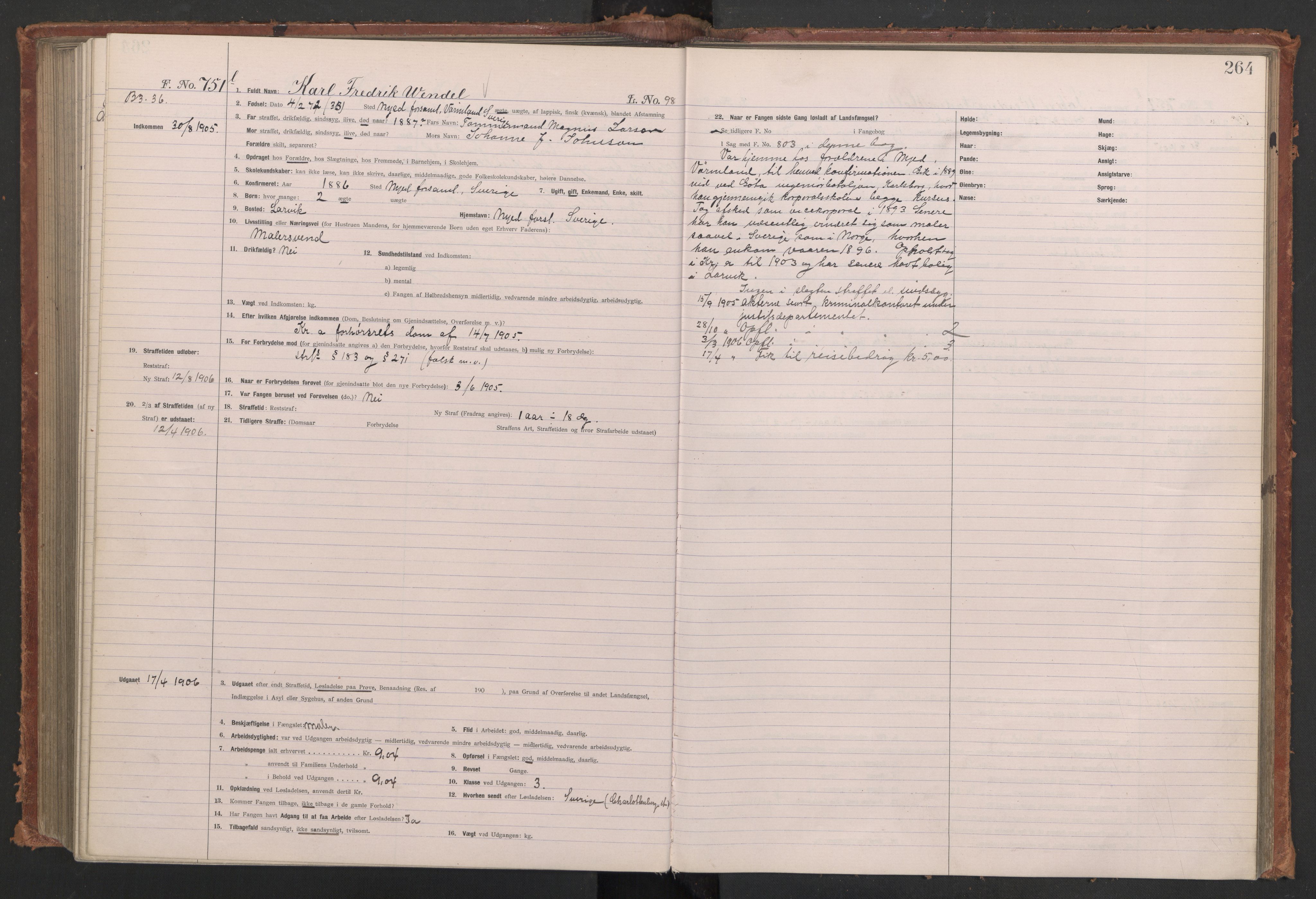 Botsfengslet, AV/RA-S-1539/D/Db/Dbb/L0039: 488l - 820l, 1904-1905, p. 264