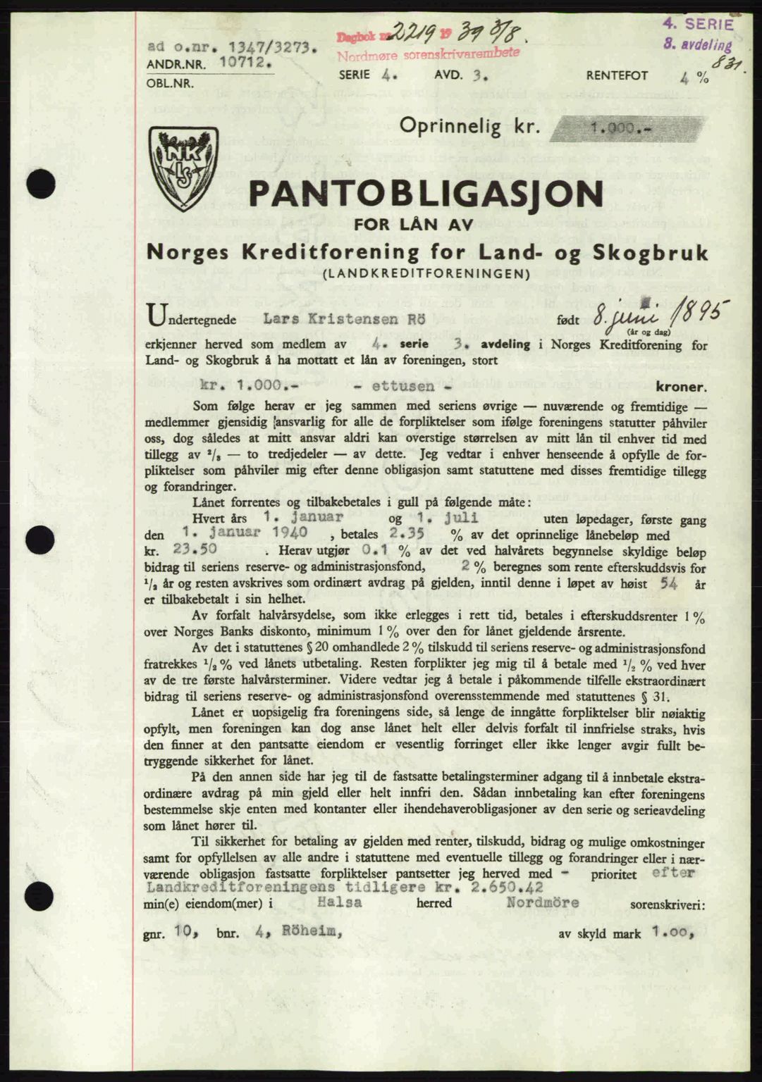 Nordmøre sorenskriveri, AV/SAT-A-4132/1/2/2Ca: Mortgage book no. B85, 1939-1939, Diary no: : 2219/1939