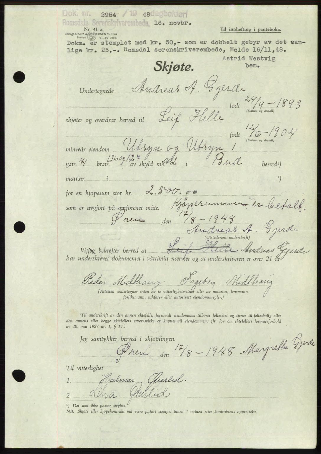 Romsdal sorenskriveri, AV/SAT-A-4149/1/2/2C: Mortgage book no. A27, 1948-1948, Diary no: : 2954/1948