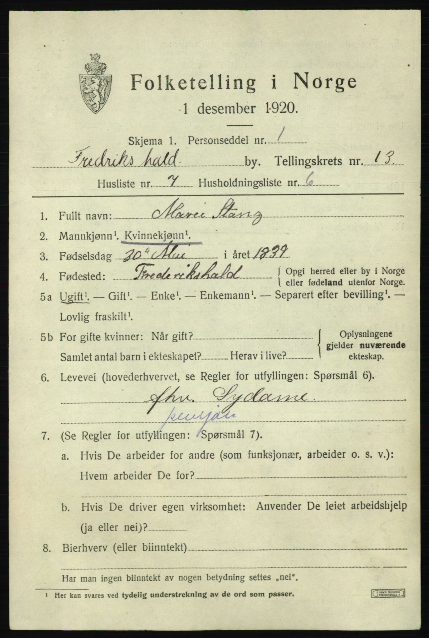 SAO, 1920 census for Fredrikshald, 1920, p. 20775