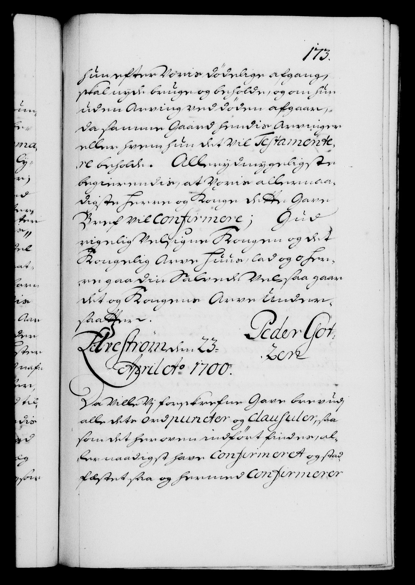 Danske Kanselli 1572-1799, AV/RA-EA-3023/F/Fc/Fca/Fcaa/L0018: Norske registre, 1699-1703, p. 173a