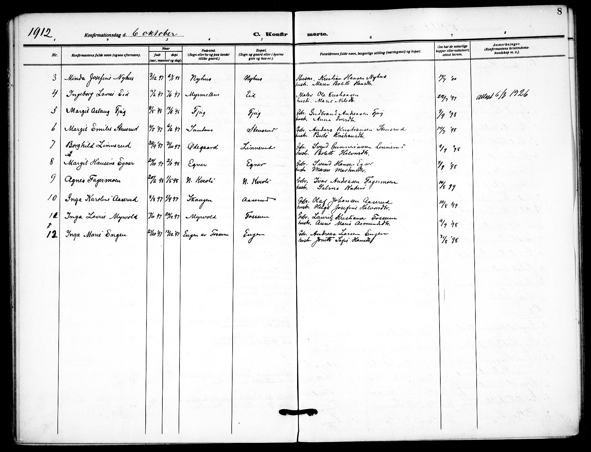 Aurskog prestekontor Kirkebøker, SAO/A-10304a/F/Fb/L0003: Parish register (official) no. II 3, 1909-1919, p. 8