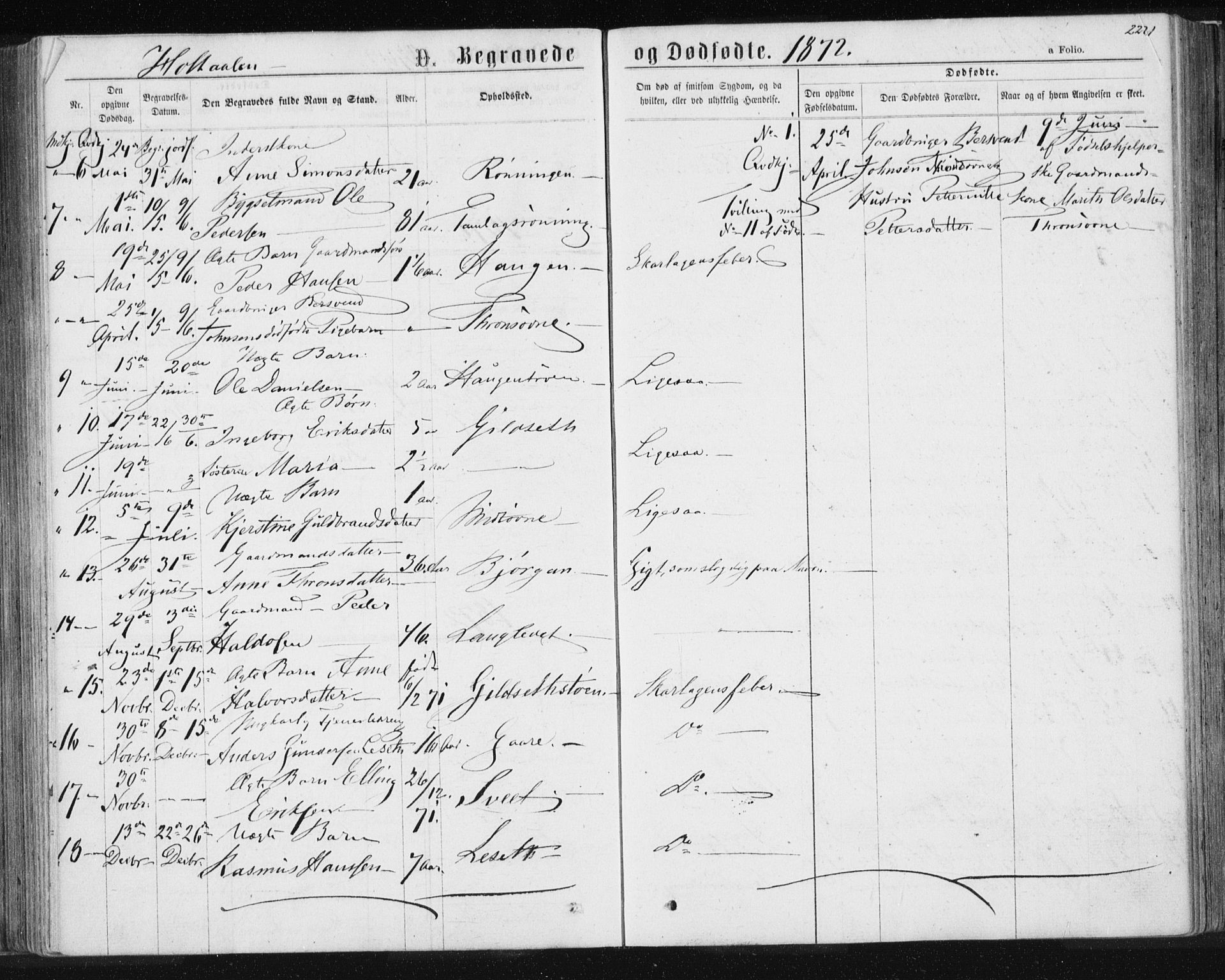 Ministerialprotokoller, klokkerbøker og fødselsregistre - Sør-Trøndelag, SAT/A-1456/685/L0969: Parish register (official) no. 685A08 /1, 1870-1878, p. 220