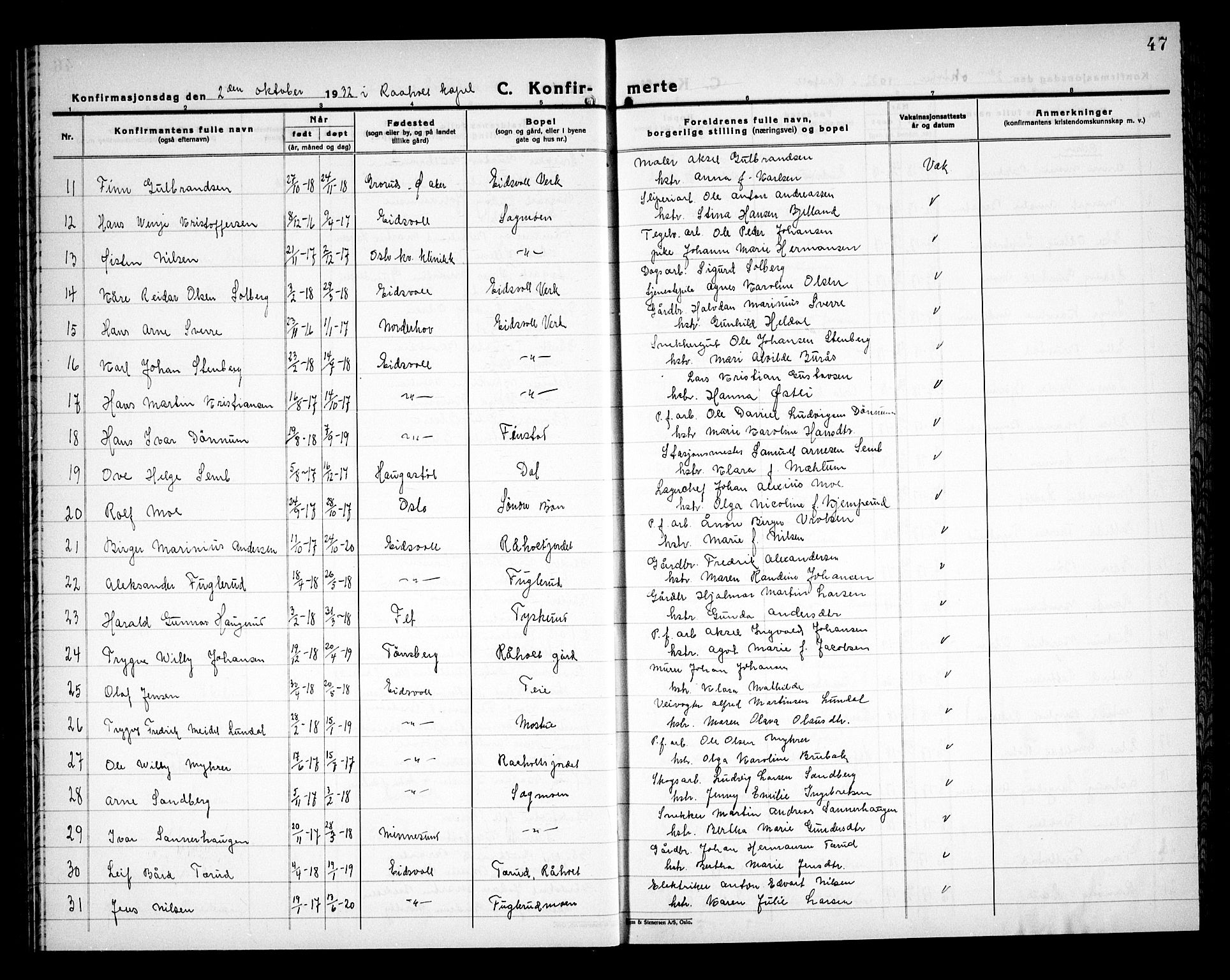 Eidsvoll prestekontor Kirkebøker, AV/SAO-A-10888/G/Ga/L0011: Parish register (copy) no. I 11, 1926-1936, p. 47