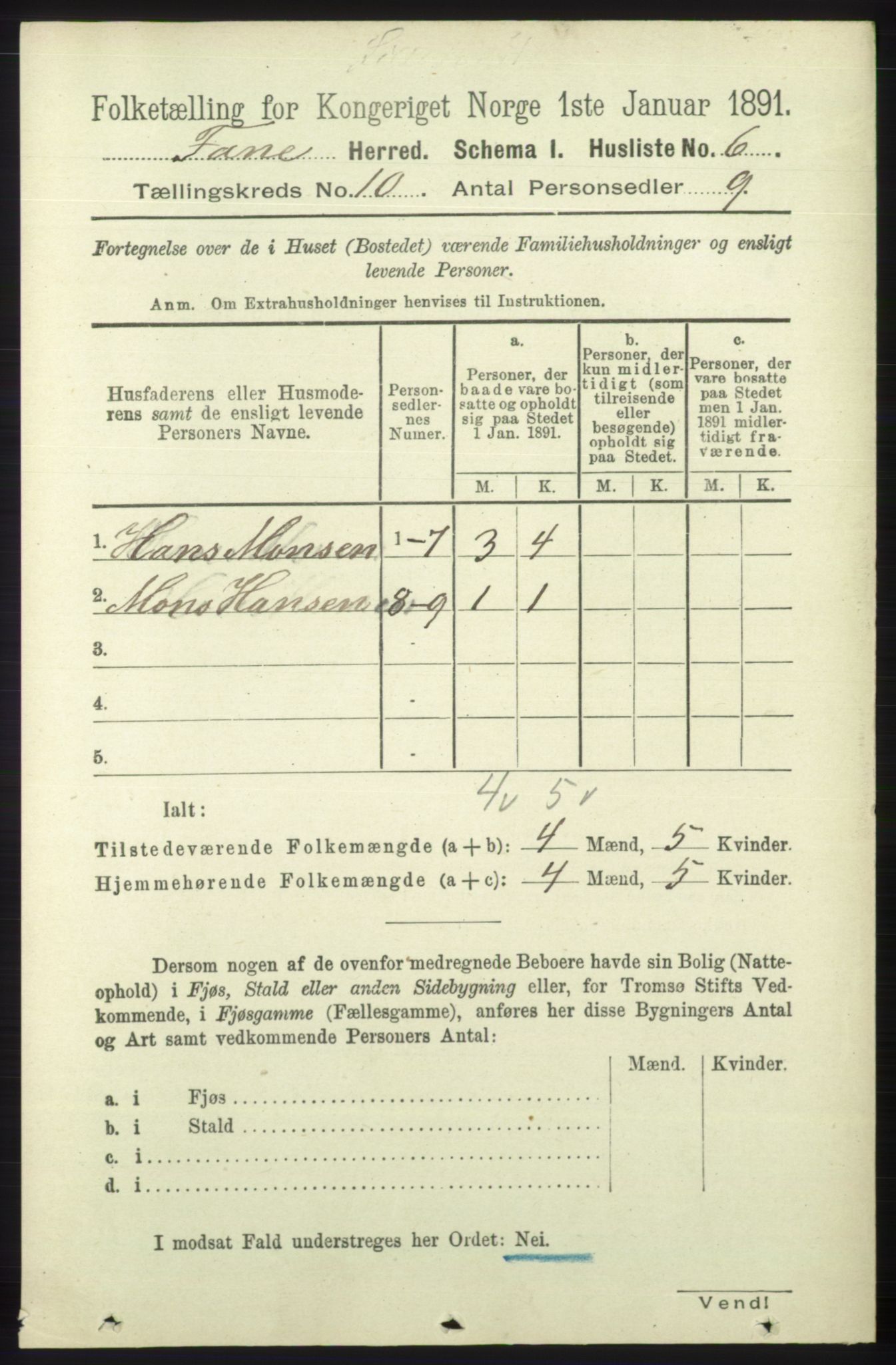 RA, 1891 census for 1249 Fana, 1891, p. 5354