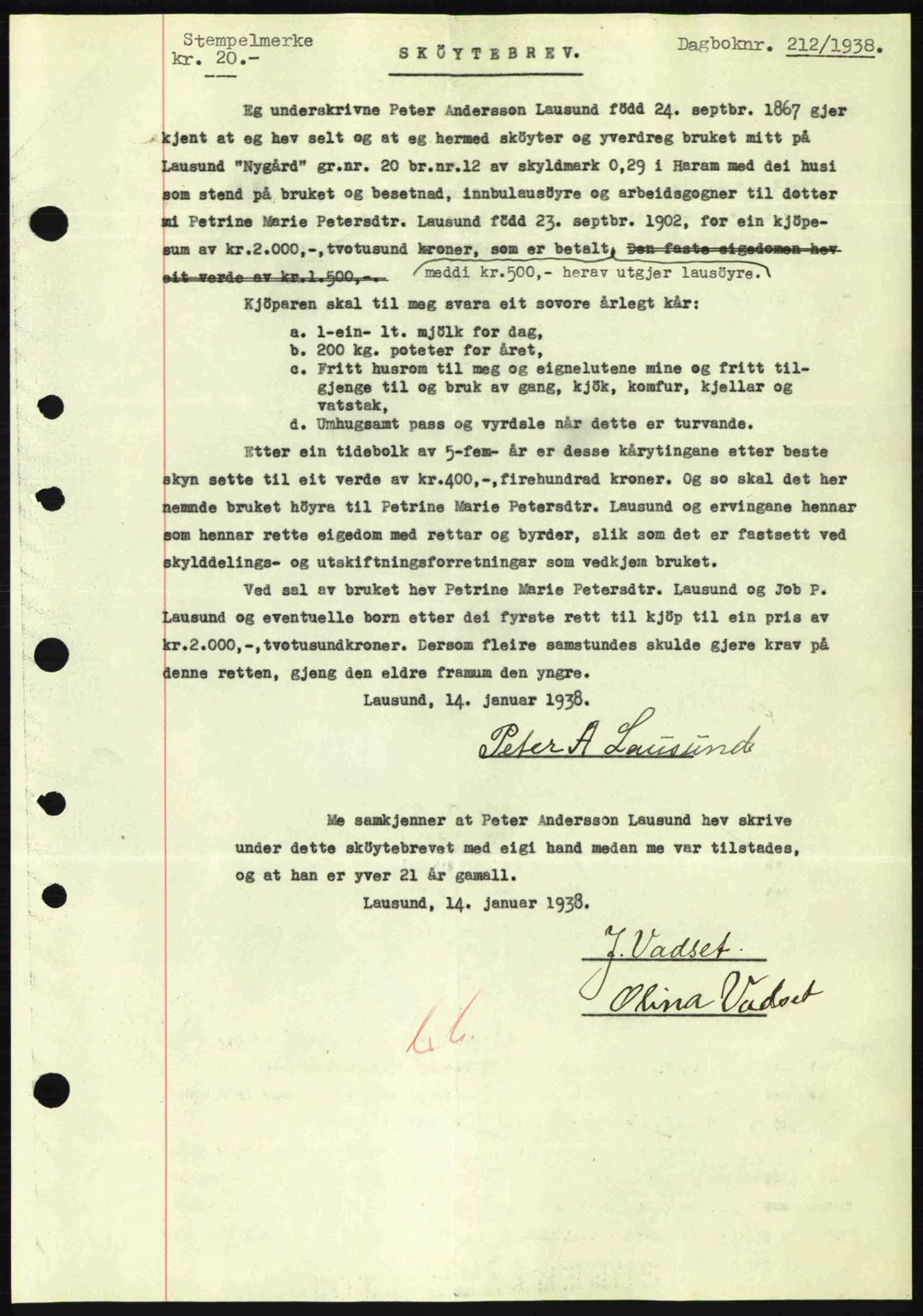 Nordre Sunnmøre sorenskriveri, AV/SAT-A-0006/1/2/2C/2Ca: Mortgage book no. A4, 1937-1938, Diary no: : 212/1938