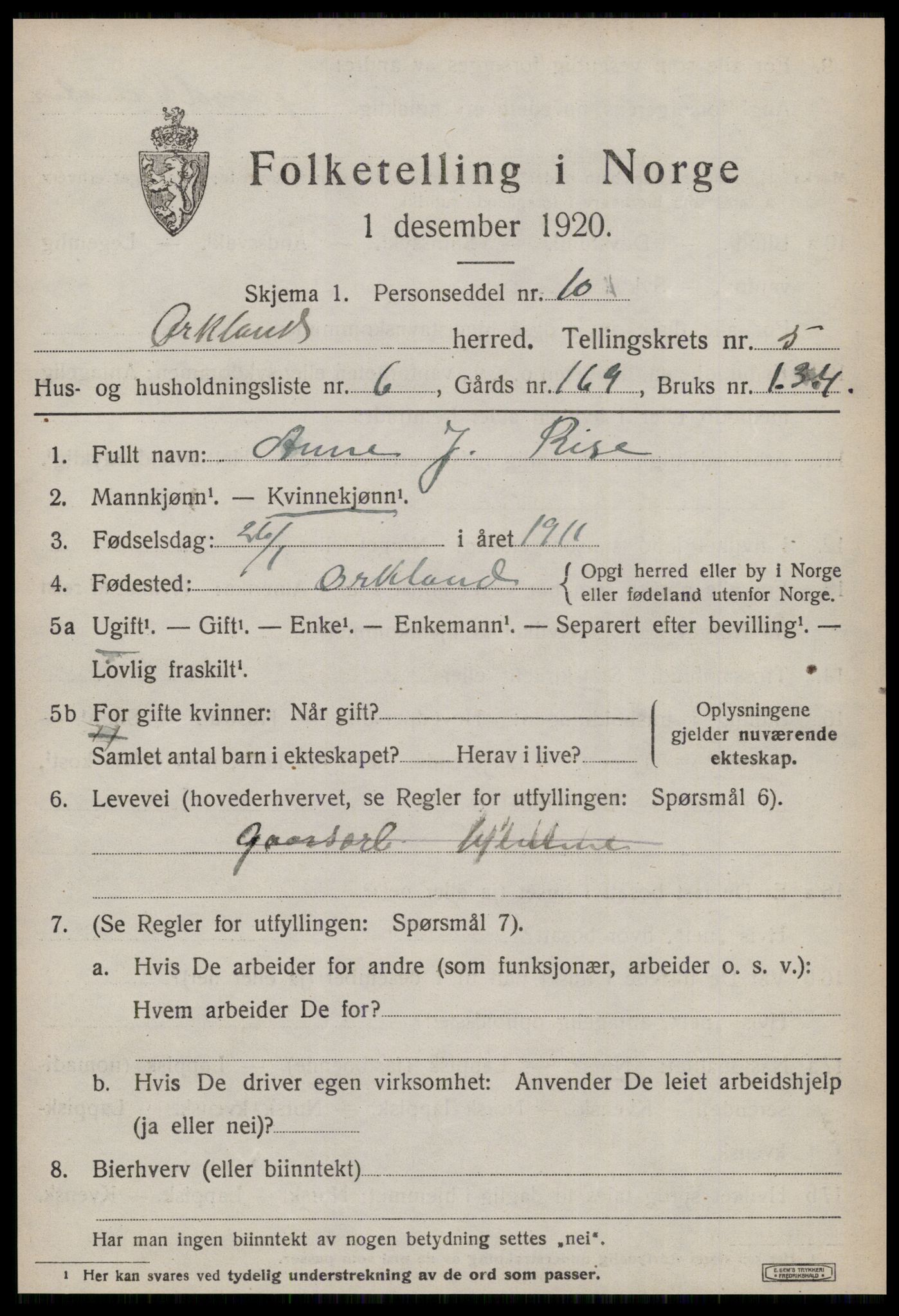 SAT, 1920 census for Orkland, 1920, p. 4090