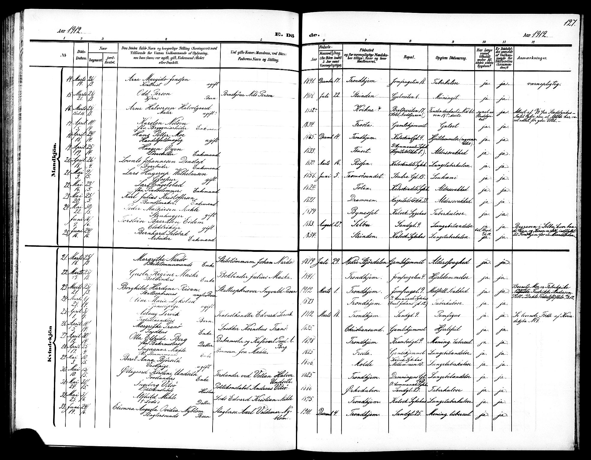 Ministerialprotokoller, klokkerbøker og fødselsregistre - Sør-Trøndelag, AV/SAT-A-1456/602/L0146: Parish register (copy) no. 602C14, 1904-1914, p. 127