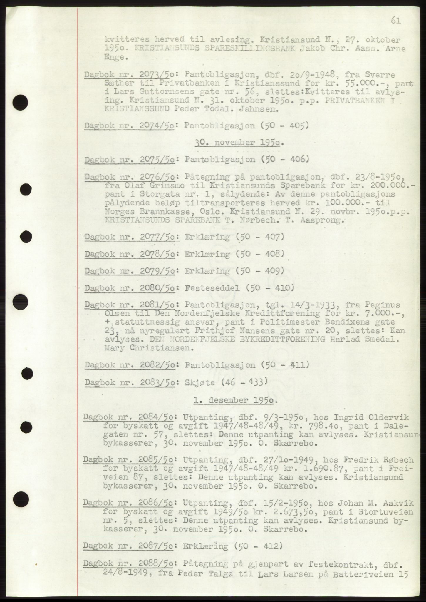 Kristiansund byfogd, AV/SAT-A-4587/A/27: Mortgage book no. 49, 1950-1950, Deed date: 30.11.1950