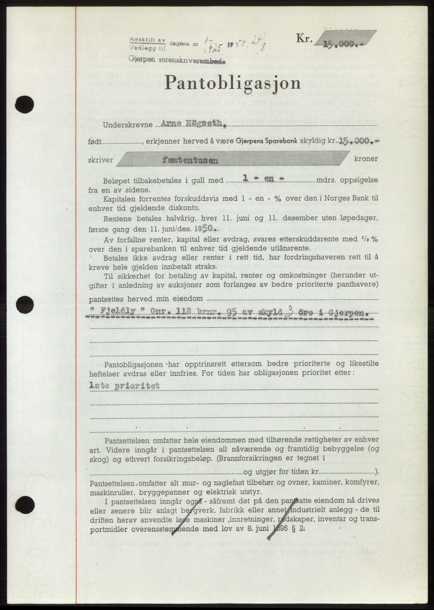 Gjerpen sorenskriveri, AV/SAKO-A-216/G/Ga/Gaf/L0009: Mortgage book no. B-84 - B-85, 1950-1950, Diary no: : 1725/1950