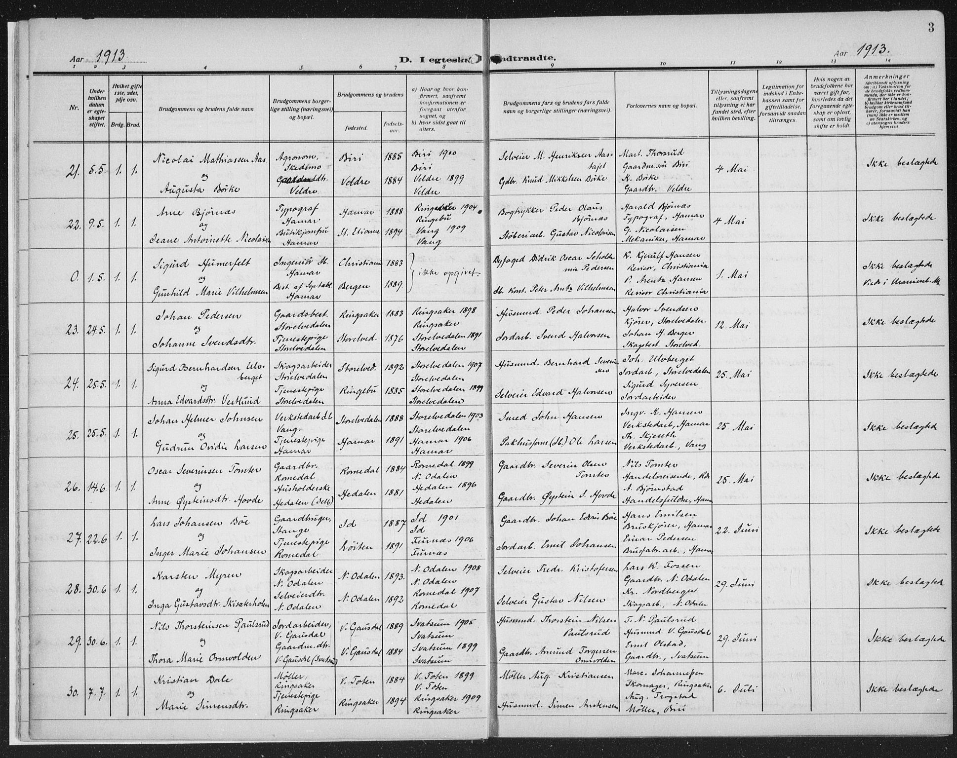 Hamar prestekontor, SAH/DOMPH-002/H/Ha/Haa/L0003: Parish register (official) no. 3, 1913-1930, p. 3