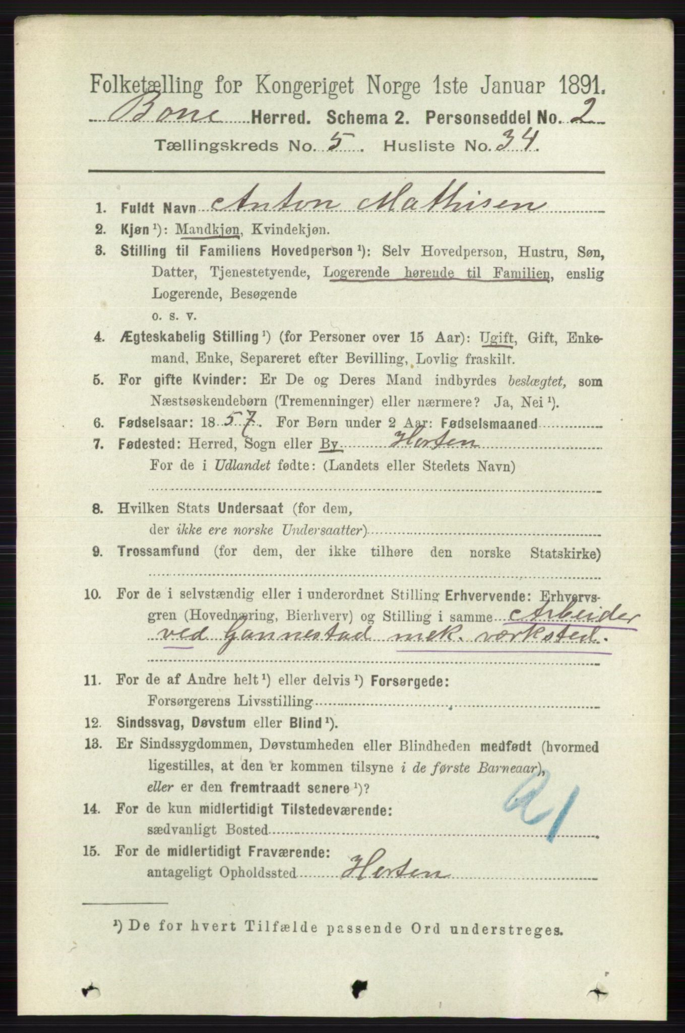 RA, 1891 census for 0717 Borre, 1891, p. 2218