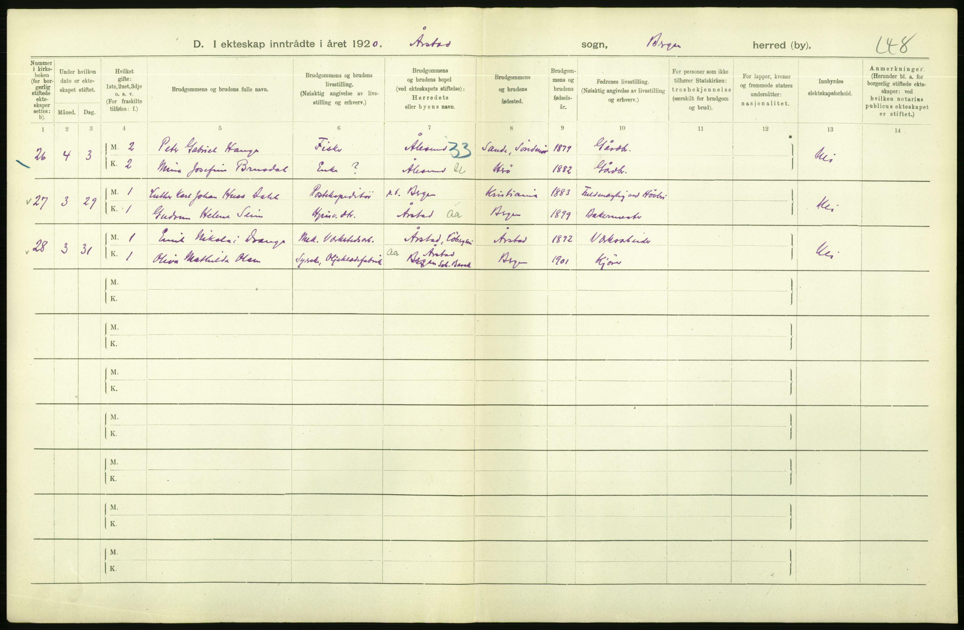 Statistisk sentralbyrå, Sosiodemografiske emner, Befolkning, AV/RA-S-2228/D/Df/Dfb/Dfbj/L0042: Bergen: Gifte, døde, dødfødte., 1920, p. 48