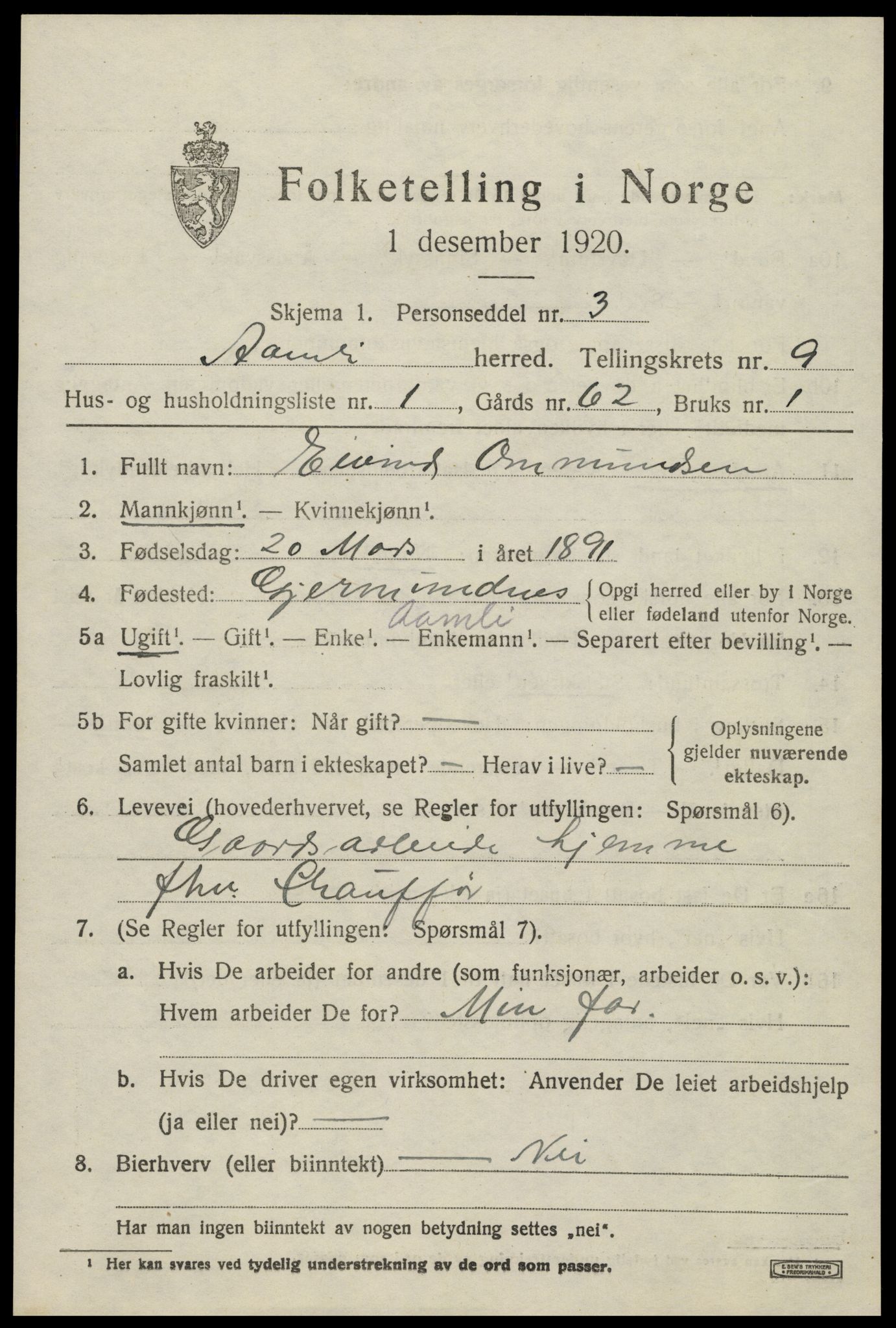 SAK, 1920 census for Åmli, 1920, p. 3473