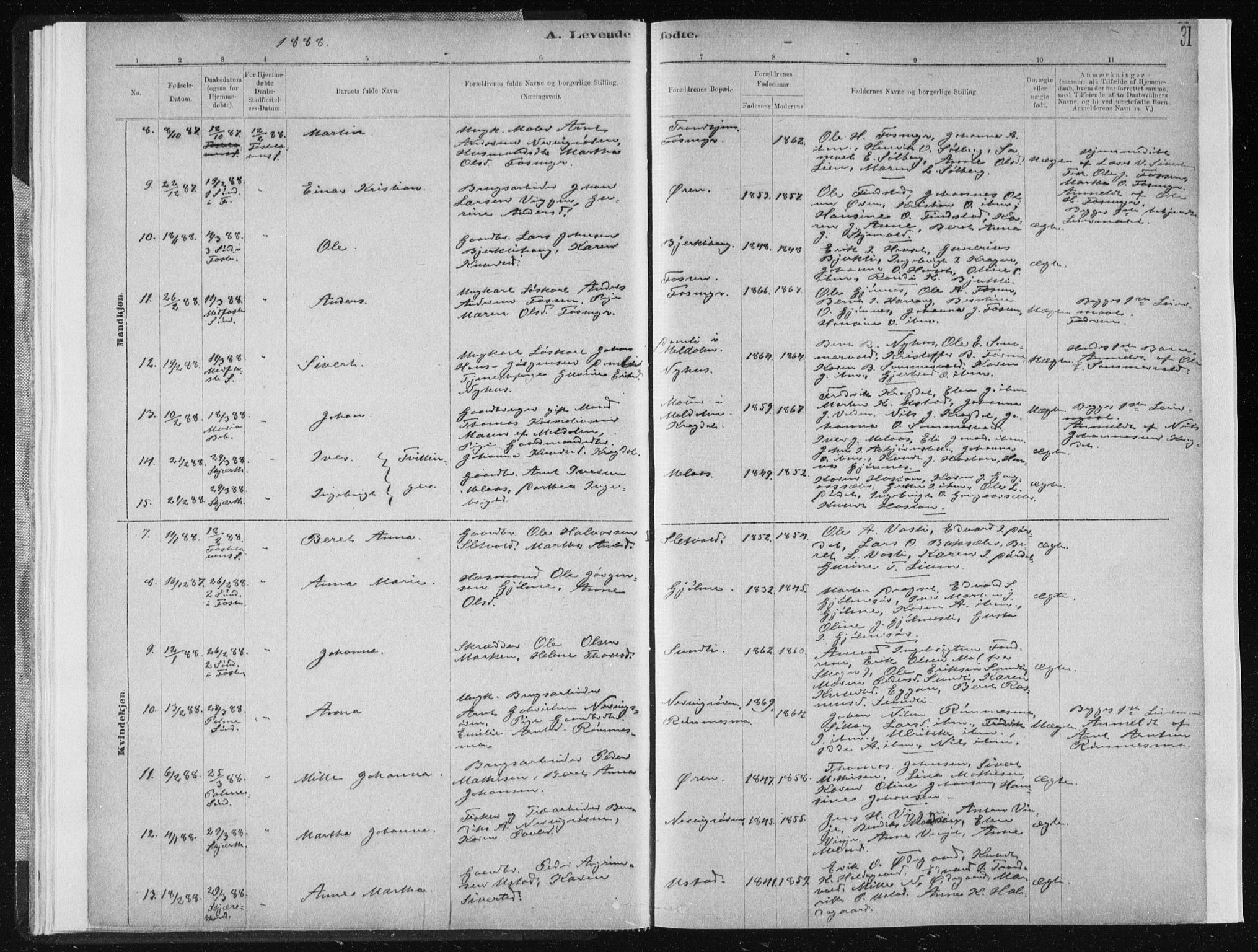 Ministerialprotokoller, klokkerbøker og fødselsregistre - Sør-Trøndelag, SAT/A-1456/668/L0818: Parish register (copy) no. 668C07, 1885-1898, p. 31