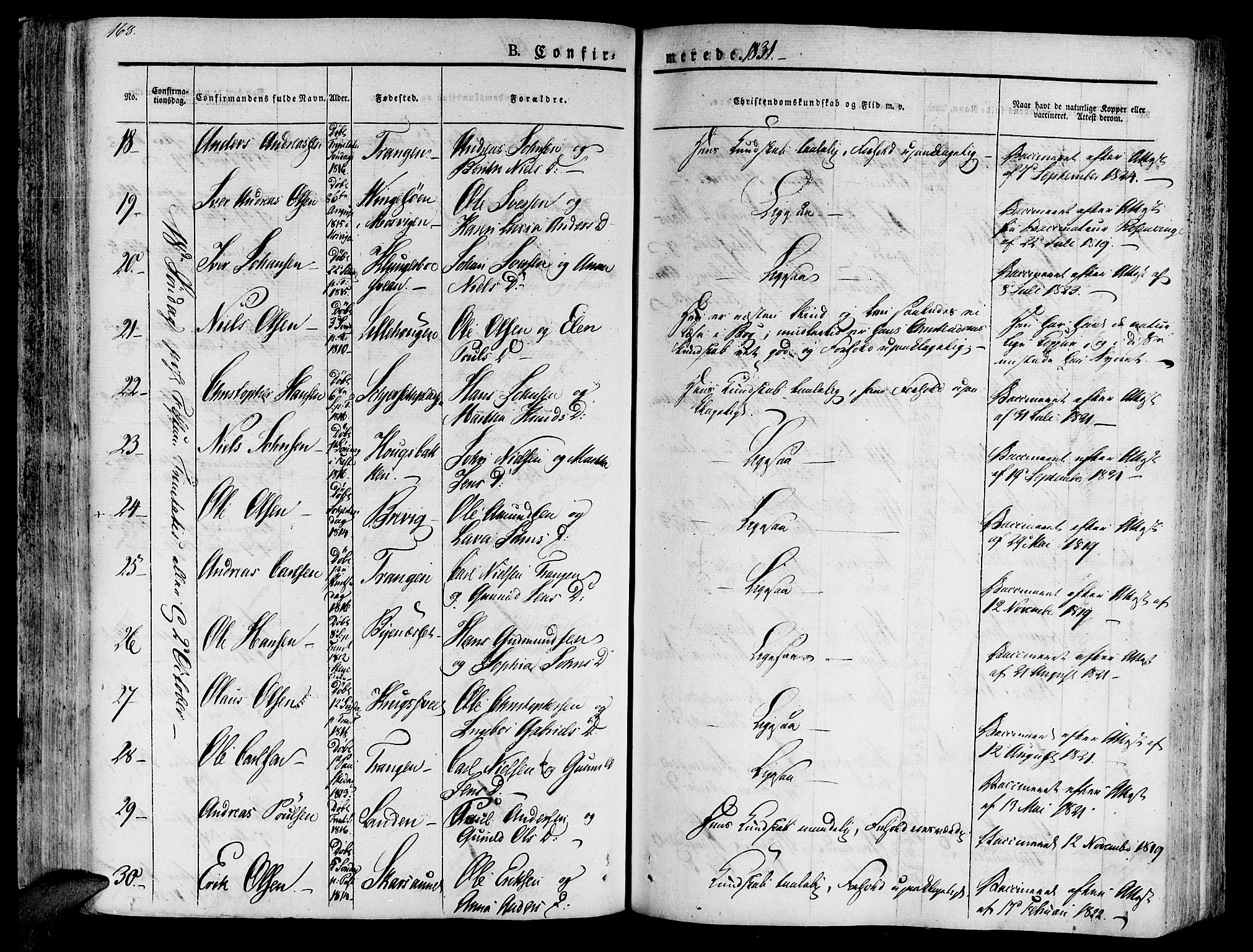 Ministerialprotokoller, klokkerbøker og fødselsregistre - Nord-Trøndelag, SAT/A-1458/701/L0006: Parish register (official) no. 701A06, 1825-1841, p. 168