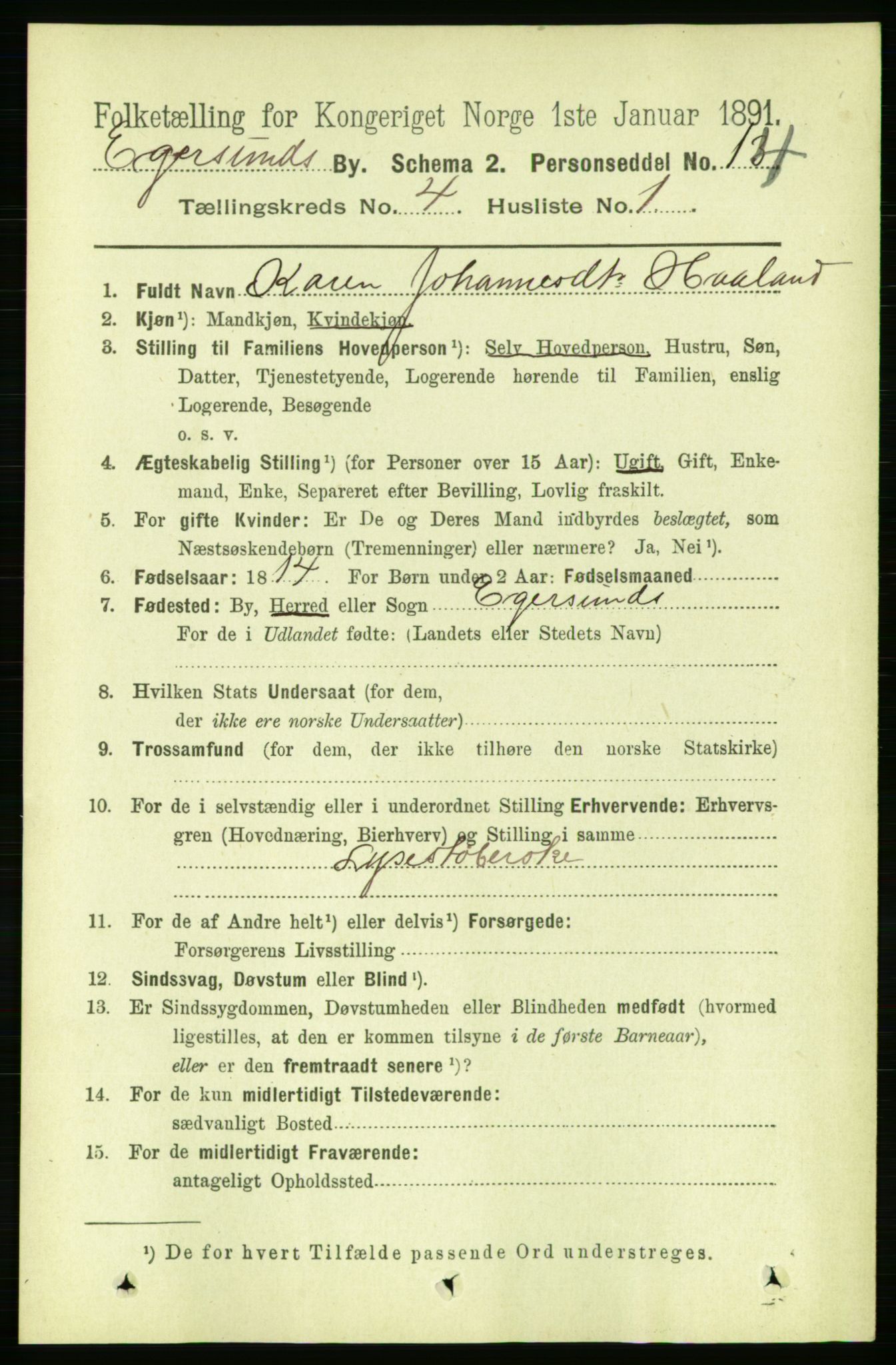 RA, 1891 census for 1101 Egersund, 1891, p. 613