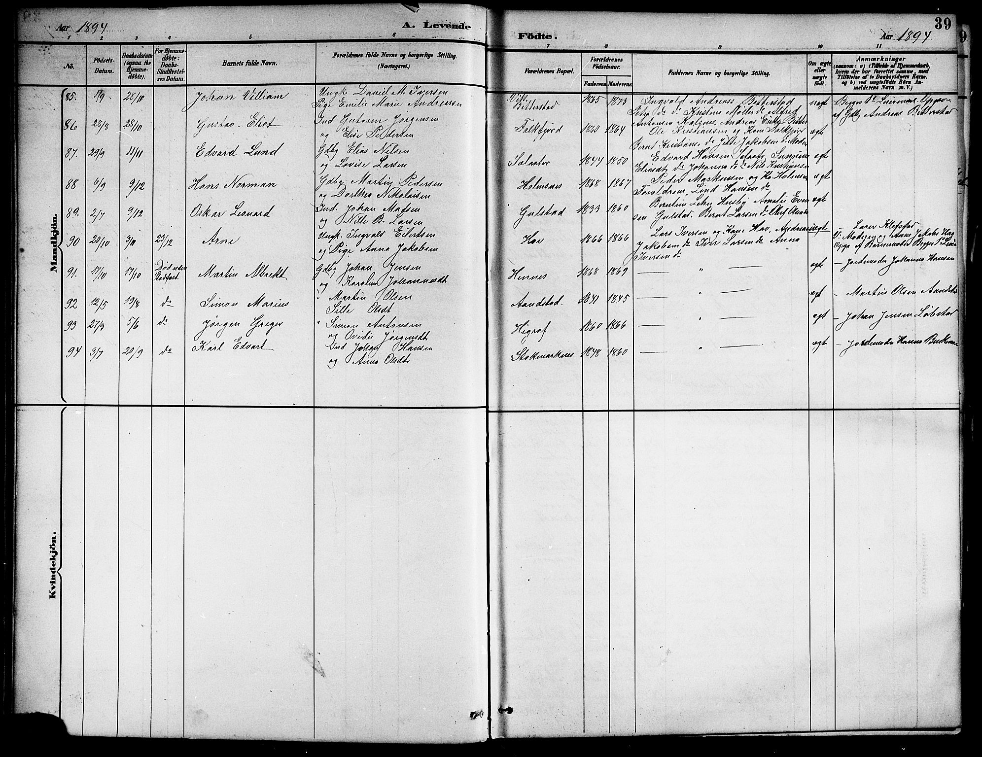 Ministerialprotokoller, klokkerbøker og fødselsregistre - Nordland, AV/SAT-A-1459/888/L1268: Parish register (copy) no. 888C06, 1891-1908, p. 39