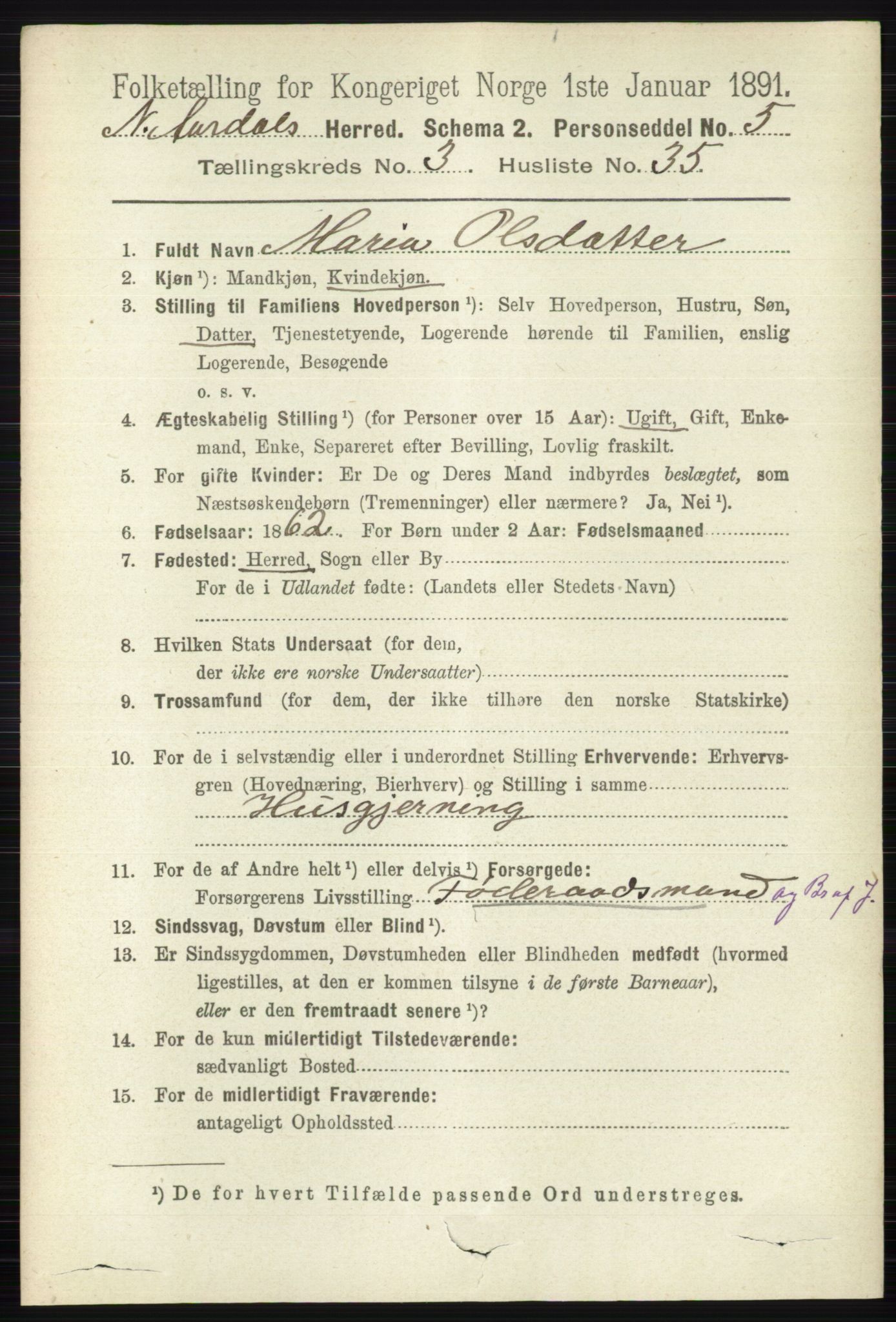 RA, 1891 census for 0542 Nord-Aurdal, 1891, p. 1141