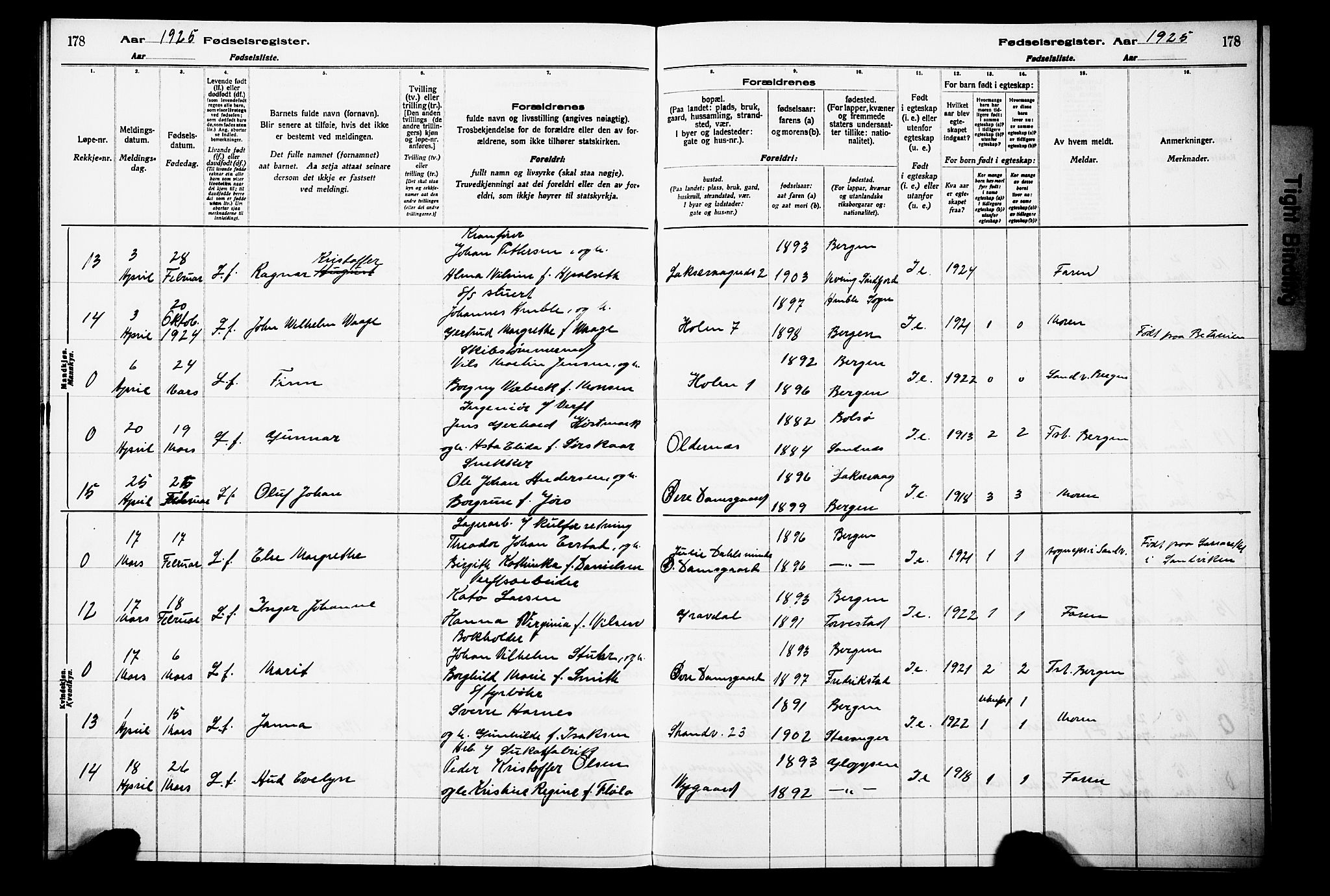 Laksevåg Sokneprestembete, AV/SAB-A-76501/I/Id/L00A1: Birth register no. A 1, 1916-1926, p. 178