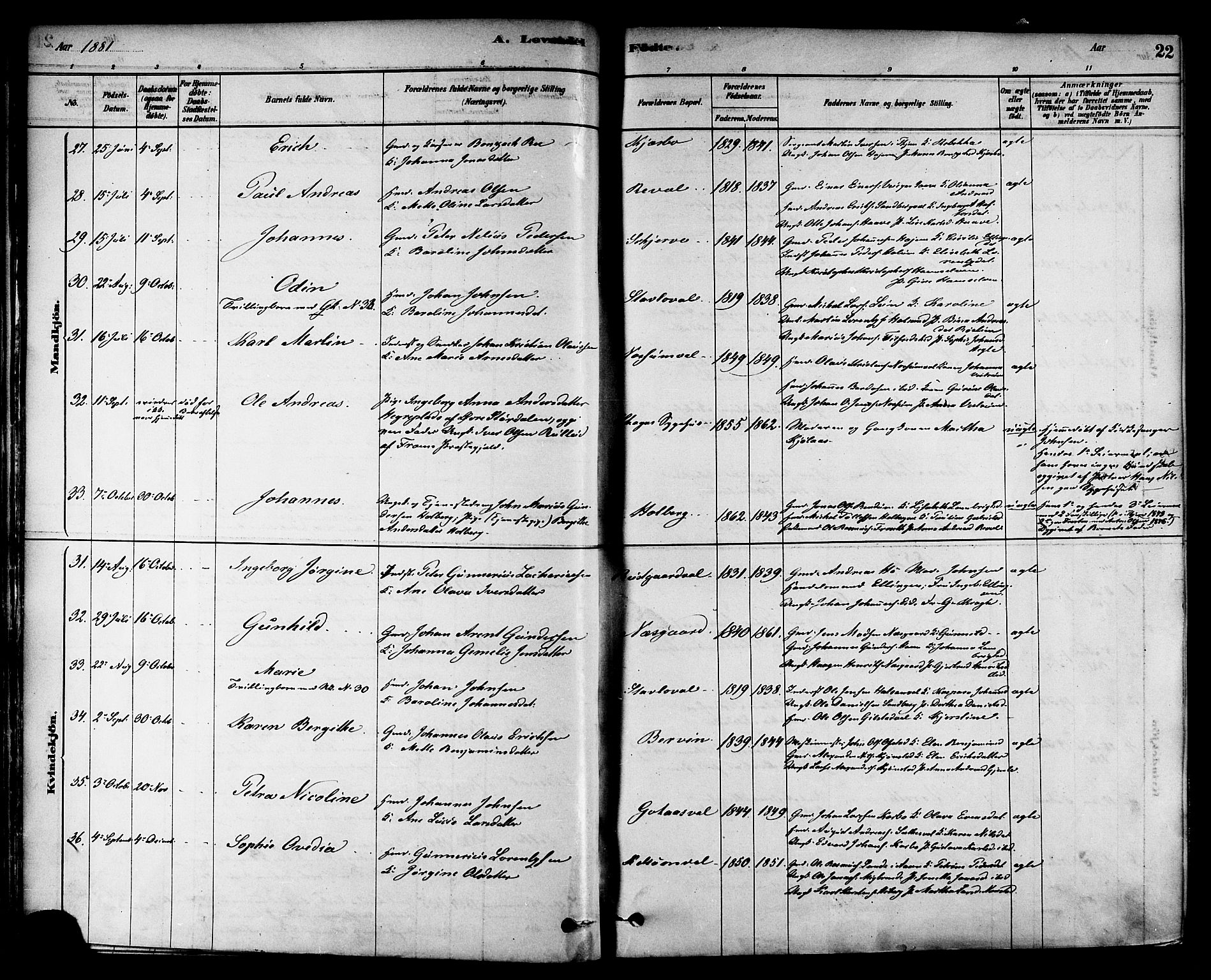 Ministerialprotokoller, klokkerbøker og fødselsregistre - Nord-Trøndelag, SAT/A-1458/717/L0159: Parish register (official) no. 717A09, 1878-1898, p. 22