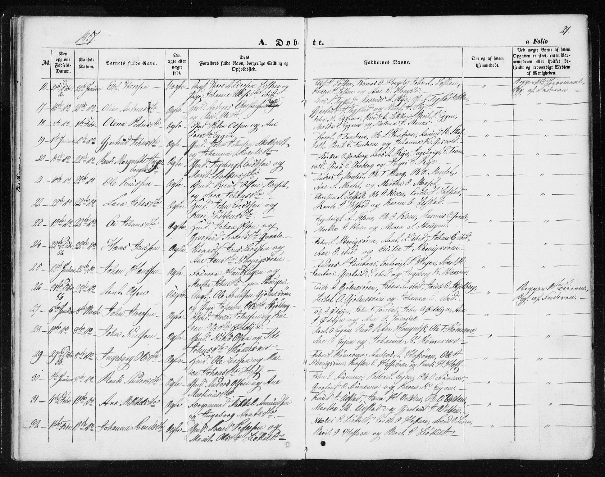 Ministerialprotokoller, klokkerbøker og fødselsregistre - Sør-Trøndelag, SAT/A-1456/668/L0806: Parish register (official) no. 668A06, 1854-1869, p. 27
