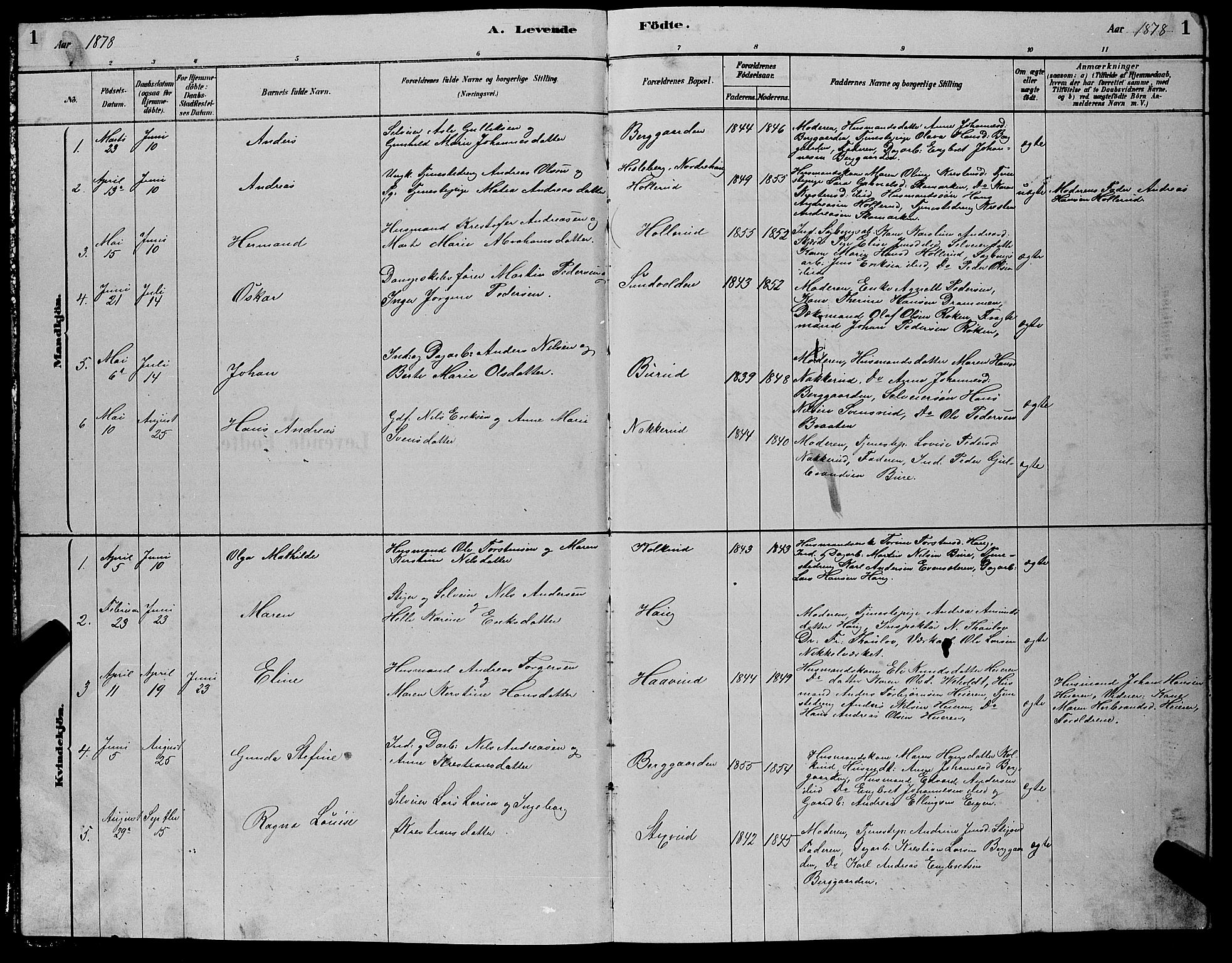 Hole kirkebøker, AV/SAKO-A-228/G/Gb/L0002: Parish register (copy) no. II 2, 1878-1889, p. 1