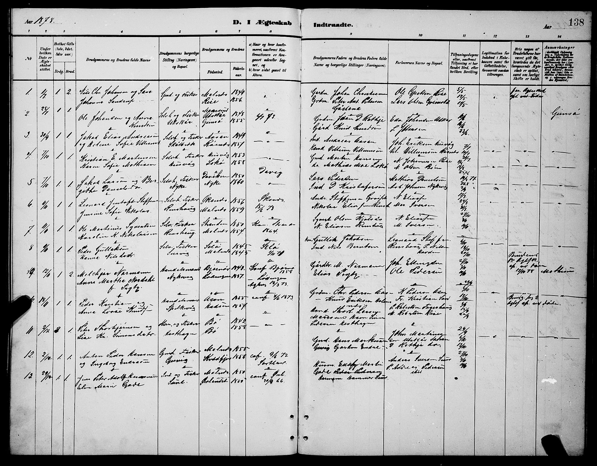Ministerialprotokoller, klokkerbøker og fødselsregistre - Nordland, SAT/A-1459/892/L1325: Parish register (copy) no. 892C02, 1878-1896, p. 138