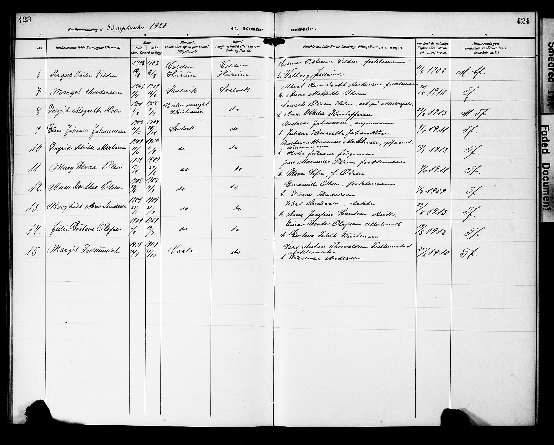 Strømm kirkebøker, AV/SAKO-A-322/G/Gb/L0002: Parish register (copy) no. II 2, 1897-1928, p. 423-424