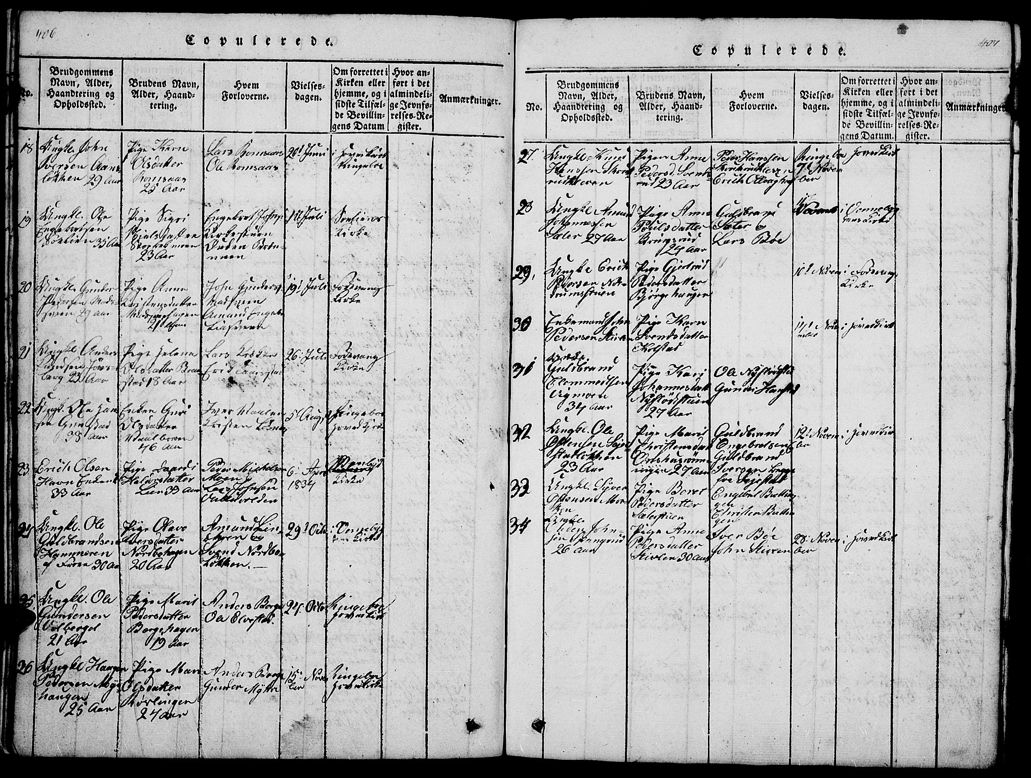 Ringebu prestekontor, SAH/PREST-082/H/Ha/Hab/L0001: Parish register (copy) no. 1, 1821-1839, p. 406-407