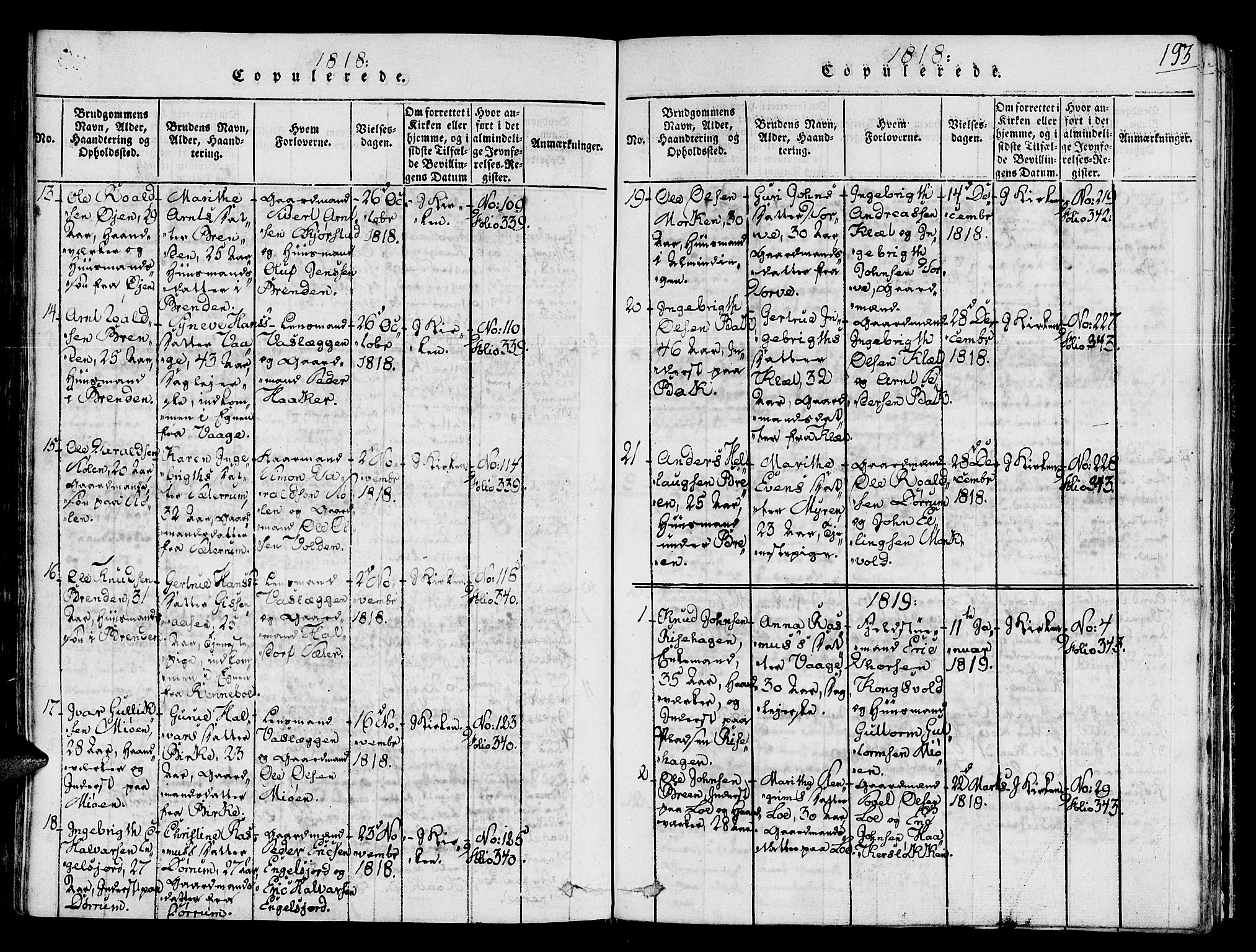 Ministerialprotokoller, klokkerbøker og fødselsregistre - Sør-Trøndelag, SAT/A-1456/678/L0895: Parish register (official) no. 678A05 /1, 1816-1821, p. 193