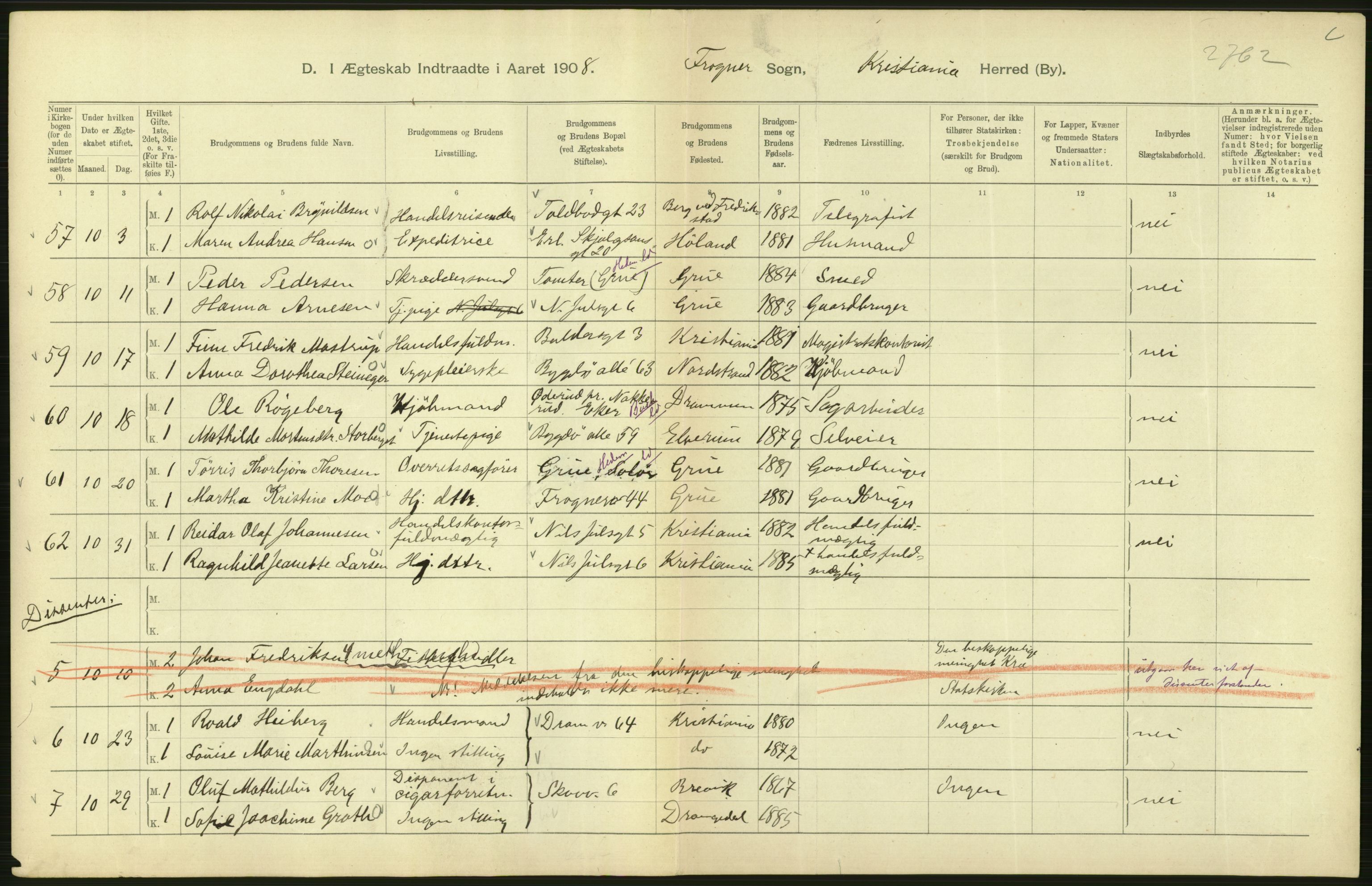 Statistisk sentralbyrå, Sosiodemografiske emner, Befolkning, AV/RA-S-2228/D/Df/Dfa/Dfaf/L0007: Kristiania: Gifte, 1908, p. 500